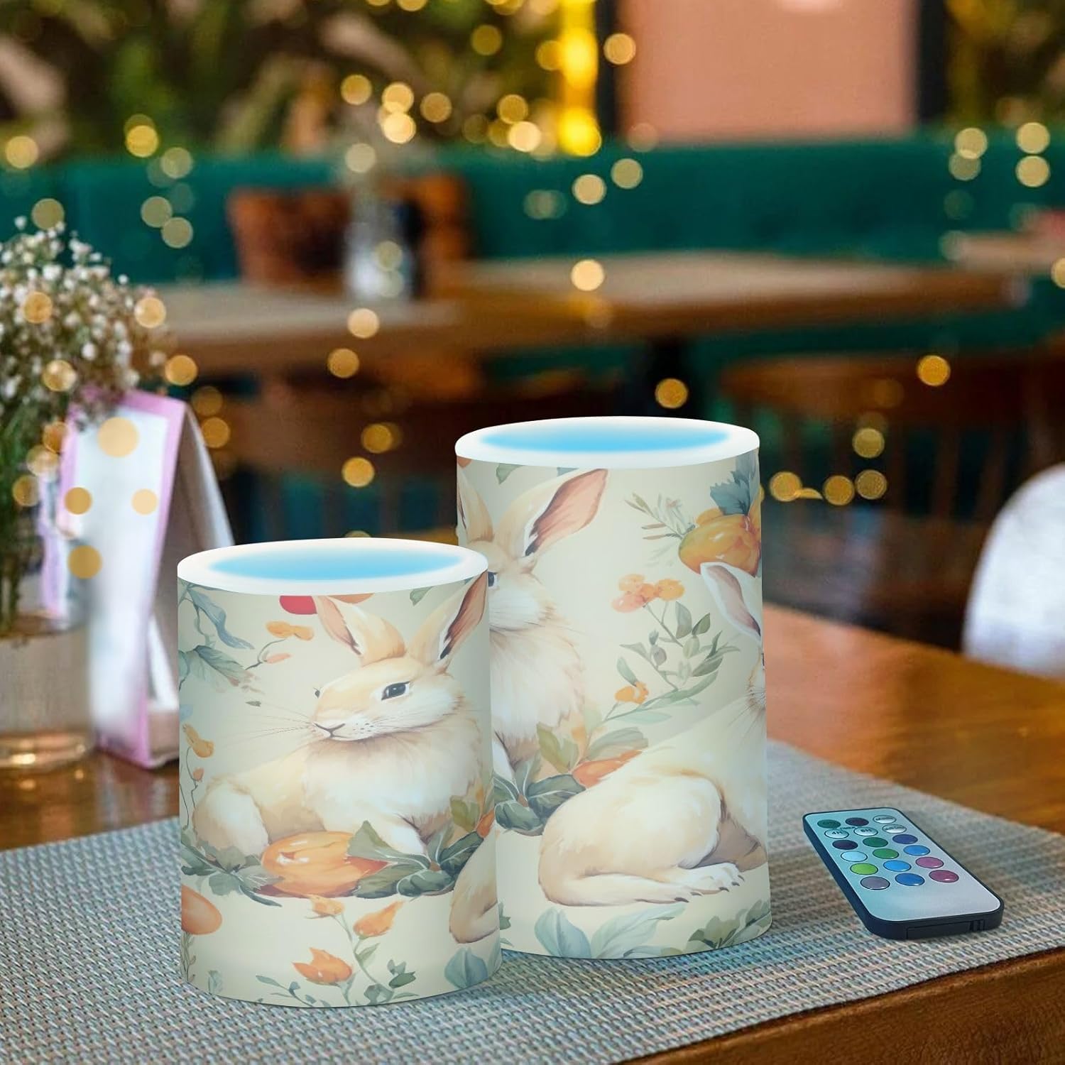 Nander Cute Easter Rabbits Flameless Candles,Battery Operated LED Pillar Candles with Remote Control and Timer, Radiance Candles,Set of 2