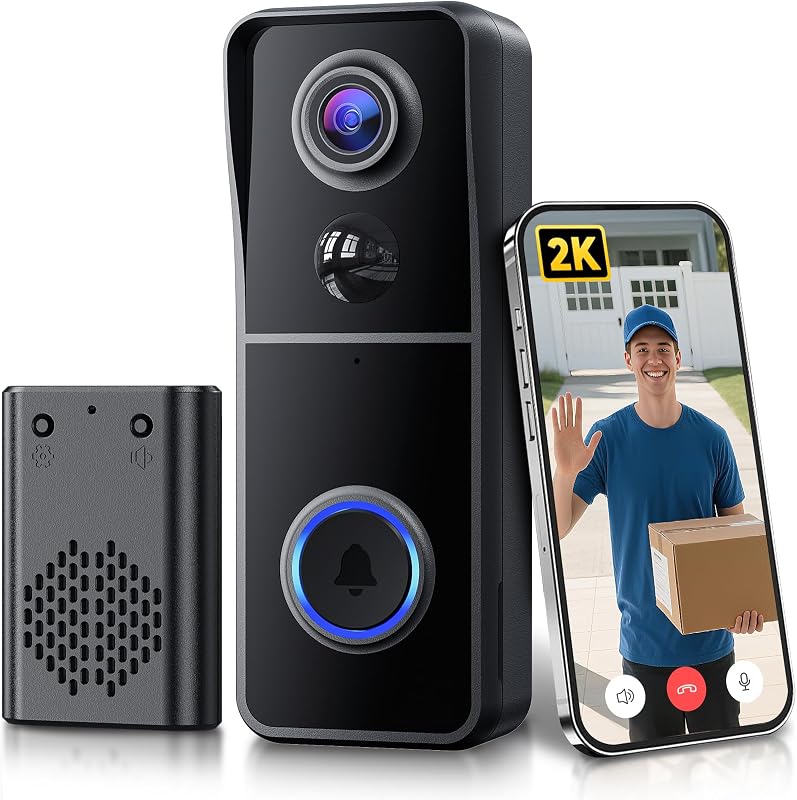 Wireless Video Doorbell Camera 2K HD with Ring Chime, Battery Powered & Night Vision 2-Way Audio PIR Motion Detection 2.4G WiFi + IP66 Waterproof, Compatible with Alexa