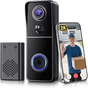 AUE Video Doorbell Camera Wireless, 2K HD Safe Doorbell Camera with Ring Chime, Battery Operated, PIR Motion Detection, Night Vision, 2-Way Audio, 2.4Ghz WiFi, Cloud Storage, Works with Alexa