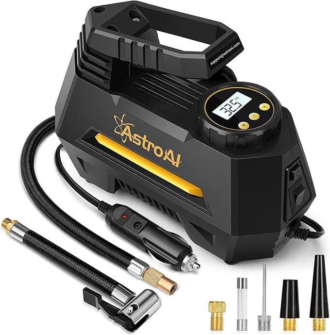 ASTROAI Tyre Inflator, Tire Inflator for Car, 12V DC Air Pump for Car Tires, 100PSI Car Air Pump with LED Light for Car, Bicycle, Balloons (Yellow) at Rs. 2599