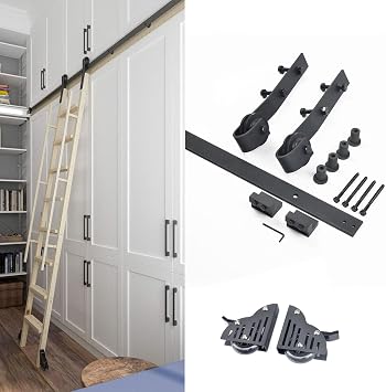 SHYP Library Sliding Ladder Hardware Rolling Track KitNo Ladder, Rustic Black Carbon Steel Sliding Rail Floor Roller Hardware Kit for Home/Indoor/Loft/Library Size 3.3ft/1m Track kit