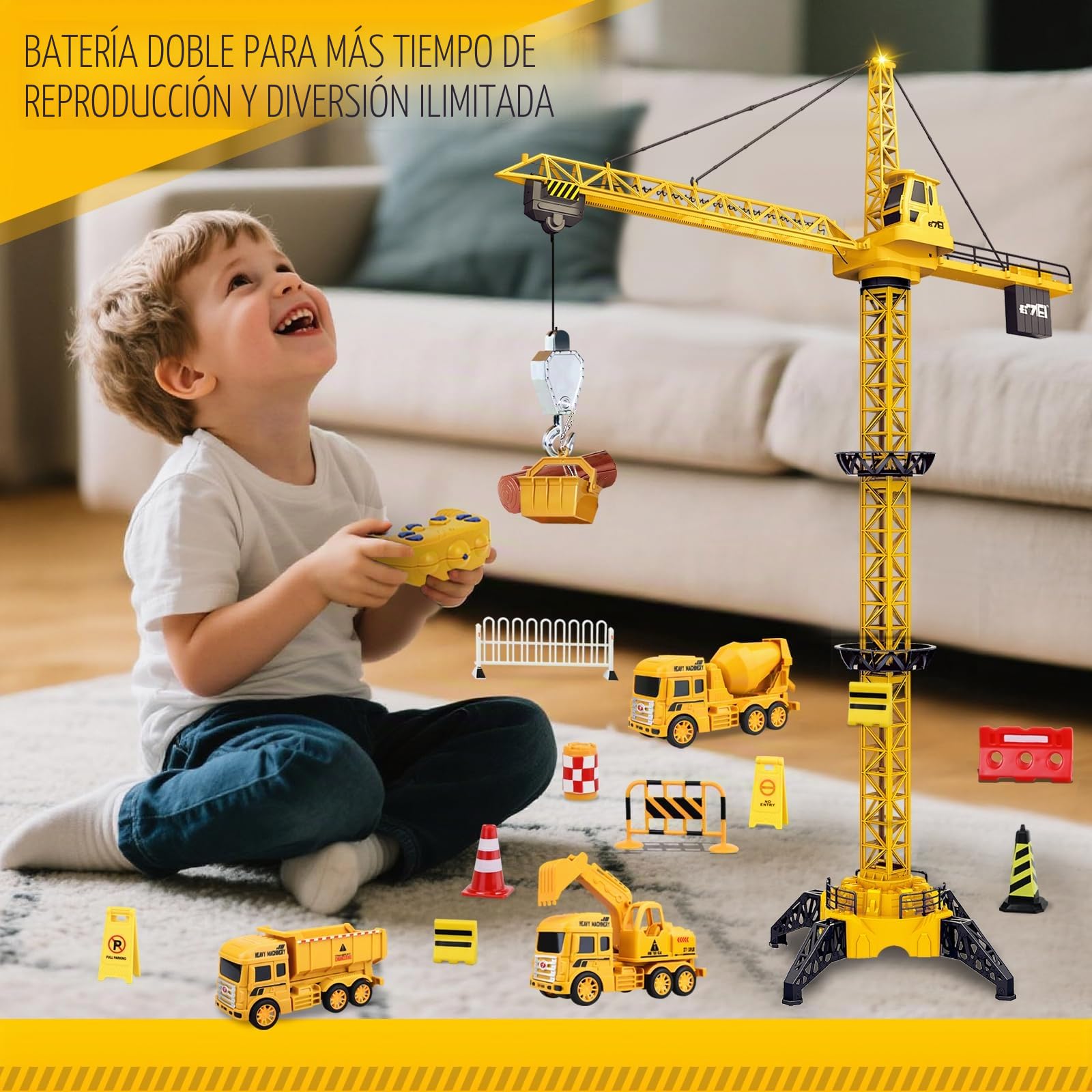 Ulikey Grúa Torre Teledirigida, 2.4GHz Gruas de Juguete de 6 Canales, 128 cm RC Grúas Torre de Construcción, Elevador Giratorio de 680, con Luces y Sonidos, Regalos para Niños de 3 a 10 Años