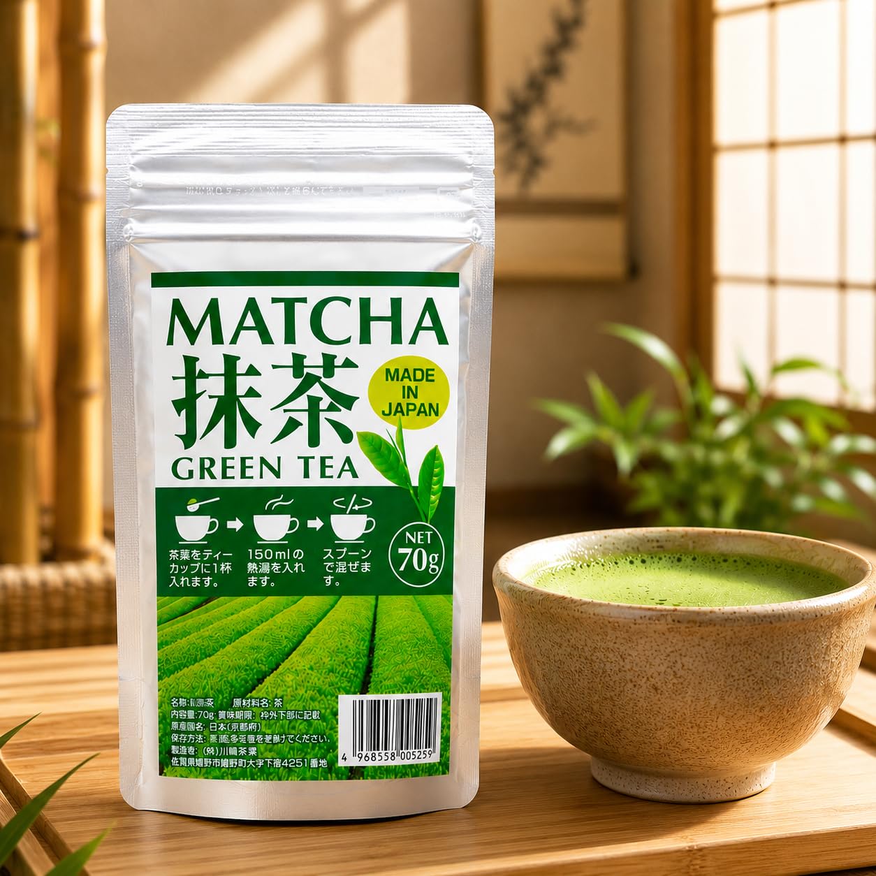 Chá Verde Matcha em Pó Japonês Kawahara 70G + Mini Colher Medidora