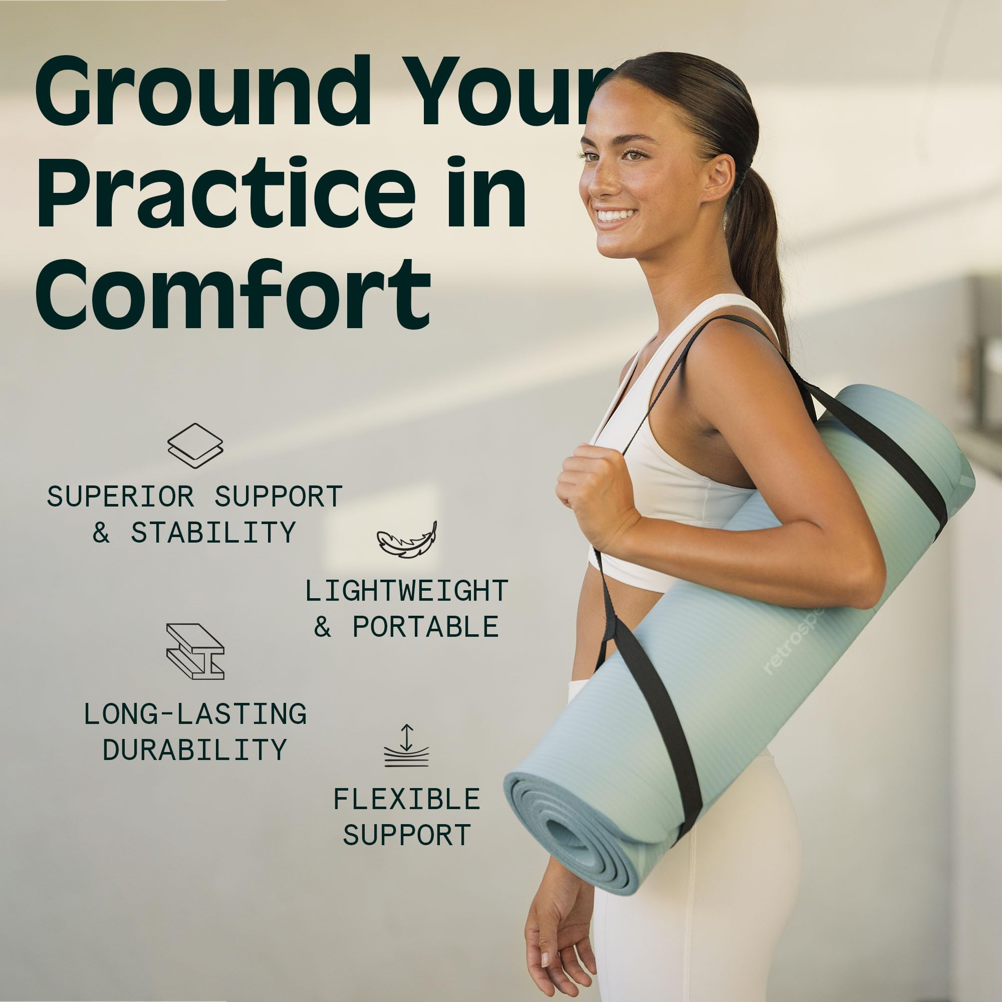 Retrospec Solana Yogamatte, 2,5 cm und 1,27 cm dick, mit Nylonband, für Damen und Herren, rutschfeste Übungsmatte für Yoga
