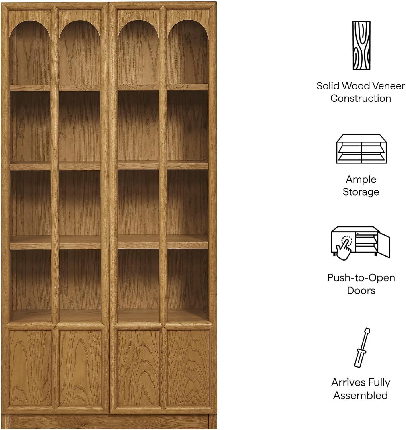 Modway Anwen 79" Wood Display Cabinet with Glass Doors in Oak – Modern China Cabinet with Arched Door Detail – Large Curio Cabinet for Collectibles