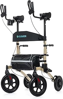 ELENKER All-Terrain Upright Rollator Walker, Stand up Rolling Walker with Seat, 12” Non-Pneumatic Tire Wheels, Compact Folding Design for Seniors, Champagne