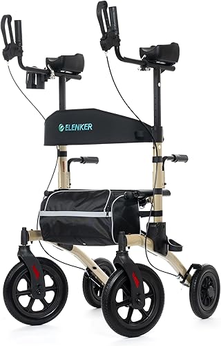 ELENKER Andador con ruedas todo terreno vertical, Andador con asiento para pararse y rodar, ruedas de 12 no neumáticas, diseño plegable compacto
