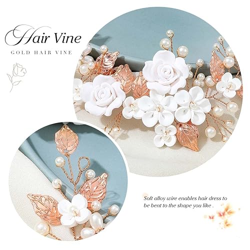 Miniatura 5 de Unicra Flor novia pelo vid perla pieza nupcial pelo hoja accesorios para el pelo diadema de diamantes de imitación para mujeres y niñas (oro rosa)
