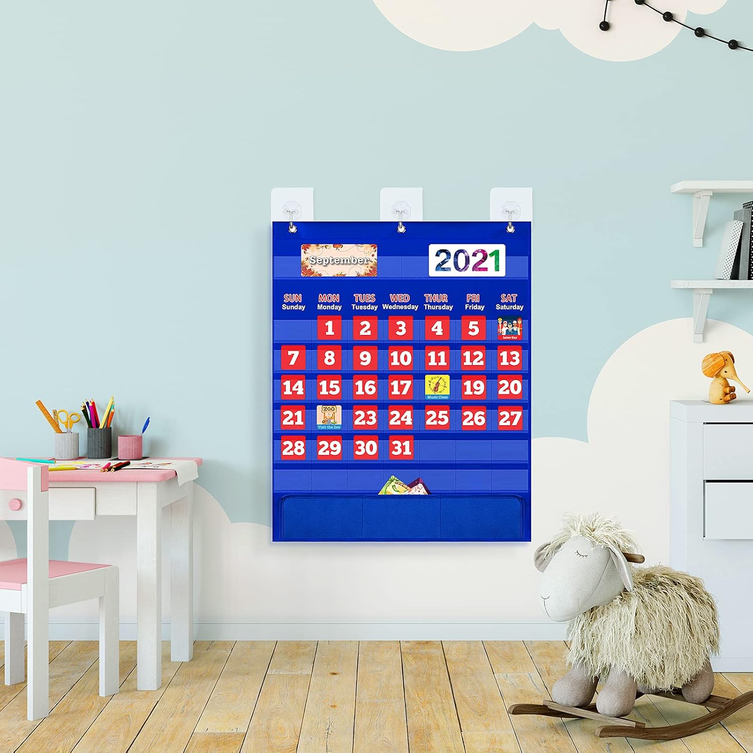 Monthly Calendar Pocket Chart with 114 Cards for Kids Learning, Kids Calendar for Kindergarten Preschool Home Classroom School Supplies Suitable for Ages 3+ Boys Girls Homeschooling - Blue : Office Products
