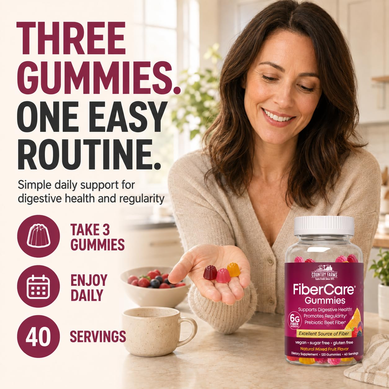 Country Farms Fiber Care Prebiotic Gummies, 6g of Fiber Per Serving, FOS from Beets, Digestive Health, Supports Regularity, Mixed Fruit Flavor — Amazon image 5