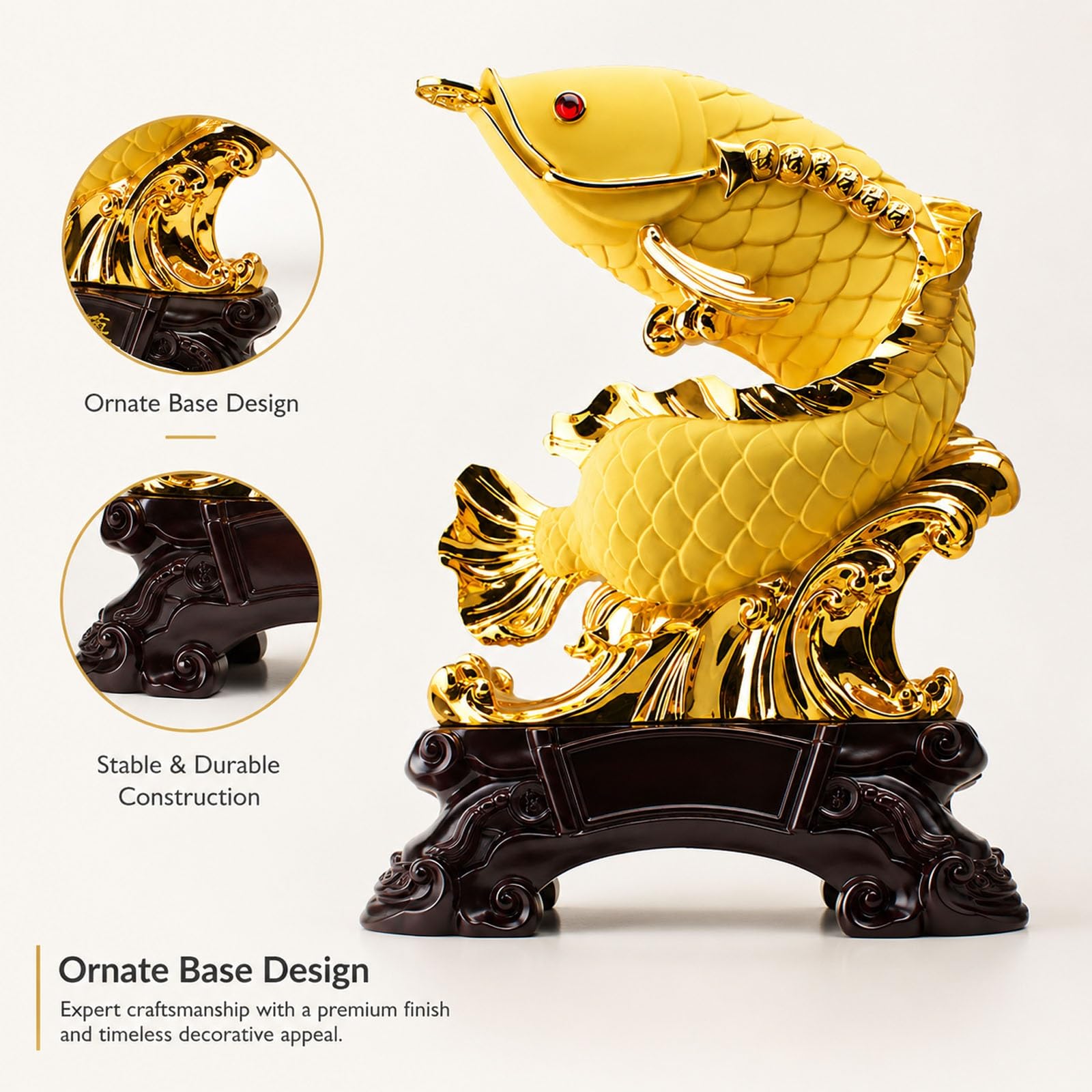 Złota figurka feng shui arowana ryba bogactwo monety, figurka z