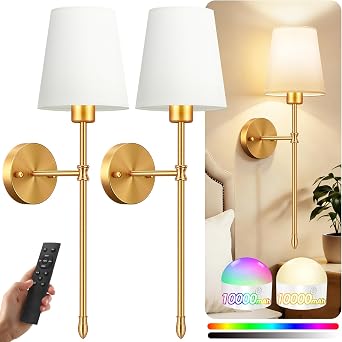 OCATO Battery Operated Wall Sconce 10000mAh Wireless Wall Sconces Set of Two Rechargeable Lamp Dimmable Magnetic Lights with 7 RGB Colors and Remote Walls Decor for Bedroom Living Room Hallway