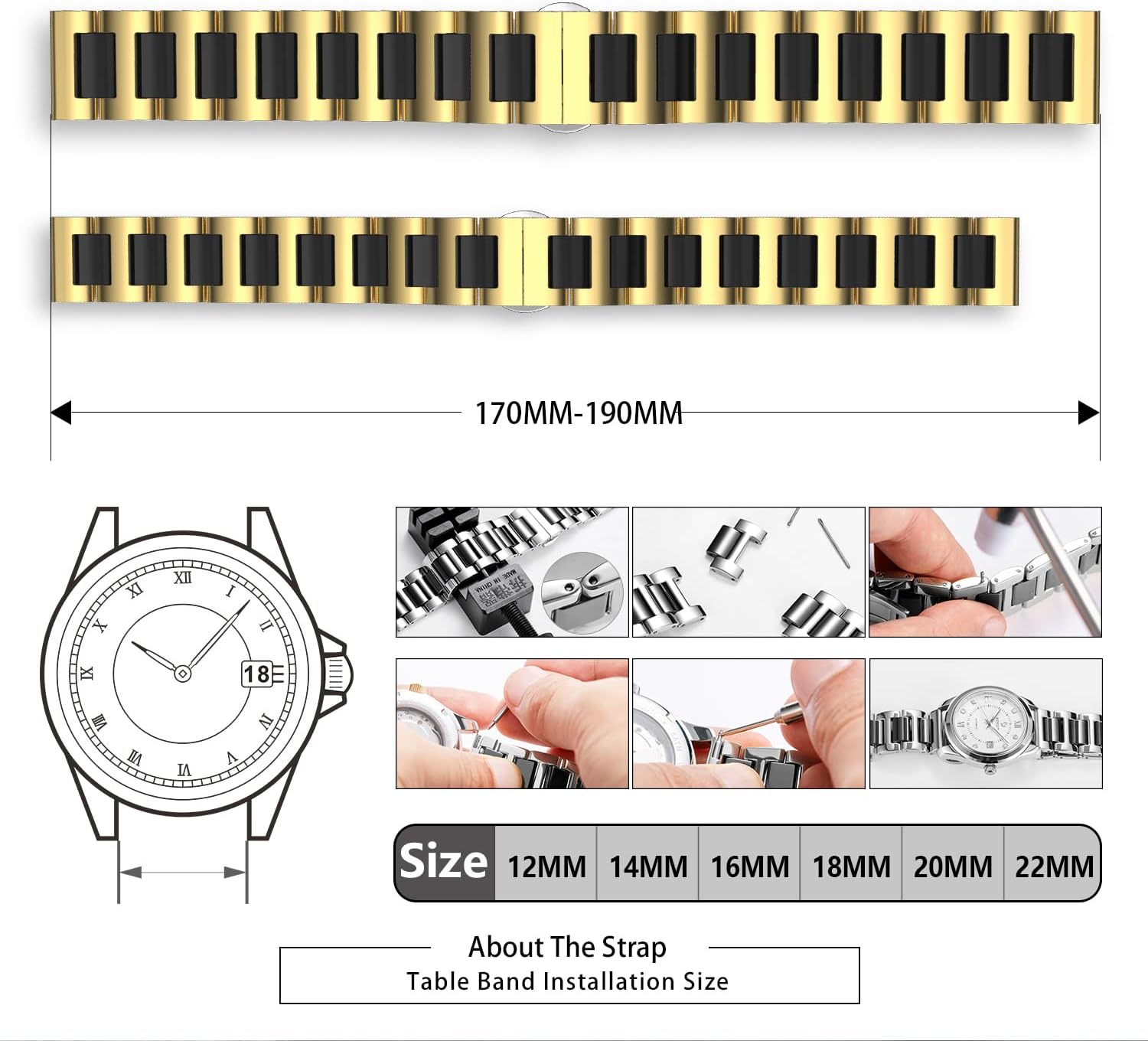 BINLUN Replacement Watch Band Stainless Steel Ceramic Watch Bracelet Polished Strap 12mm/14mm/16mm/18mm/20mm/22mm with Butterfly Buckle 6 Colors - Image 4