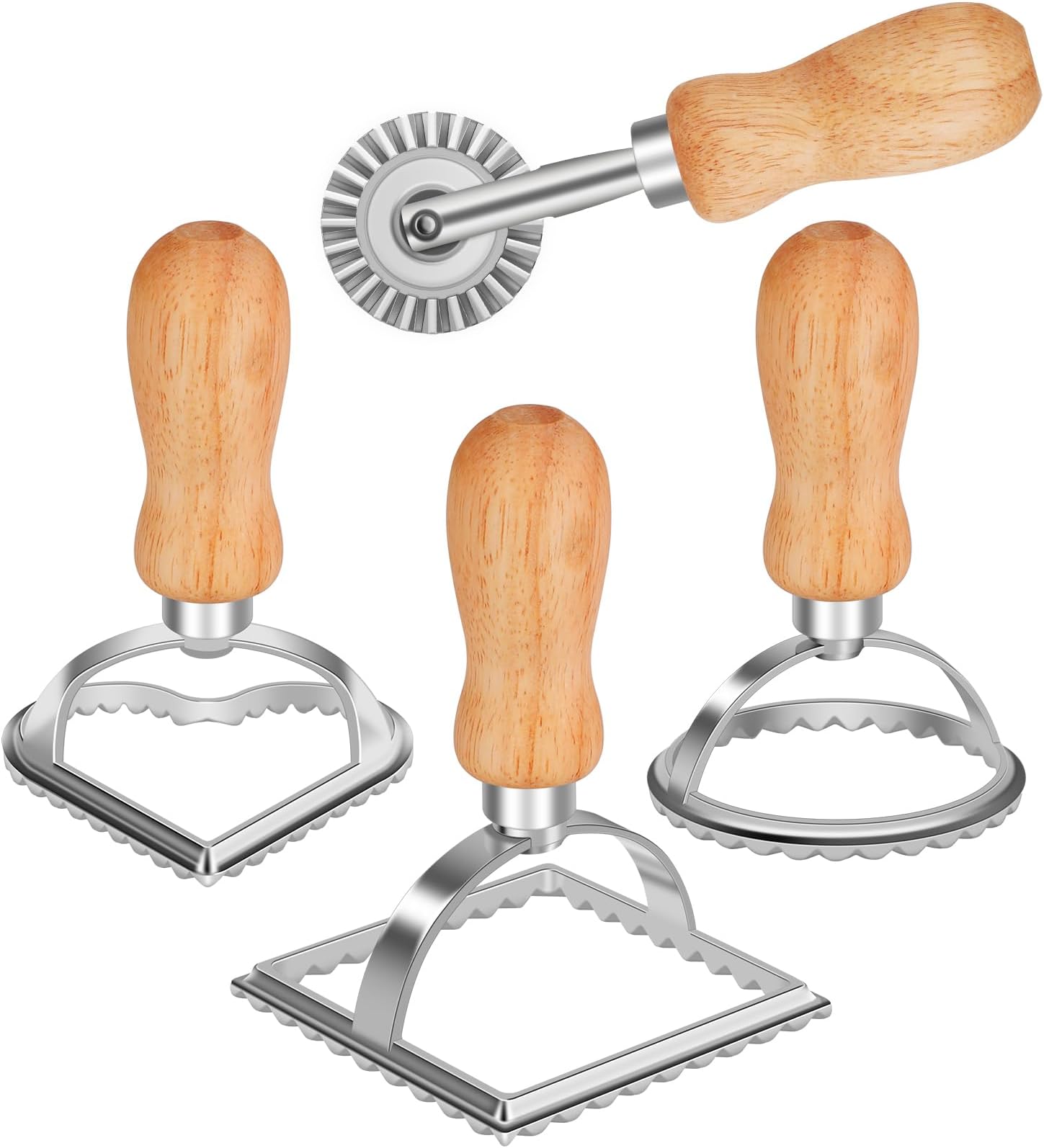 TACGEA Ravioli Stamp Maker Cutter with Roller Wheel (Set of 4), Wooden Handle and Fluted Edge, for Ravioli, Pasta, Dumplings Lasagna, Pierogi
