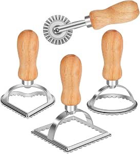 TACGEA ravioli stamp maker cutter set of 4 with roller wheel wooden handle fluted edge