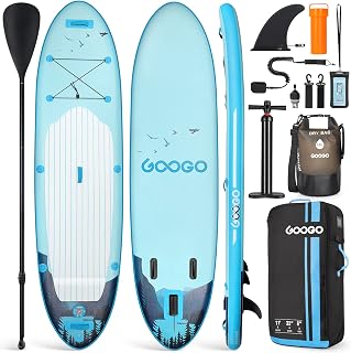 GOOGO Inflatable Paddle Board, 10'6"/11'x33”x6”Stand Up Paddle Board with SUP Accessories, Adjustable Paddle, 3 Fins, 1 Pump, Backpack, Leash, 10L Dry Bags, Ideal for Adults & Youths