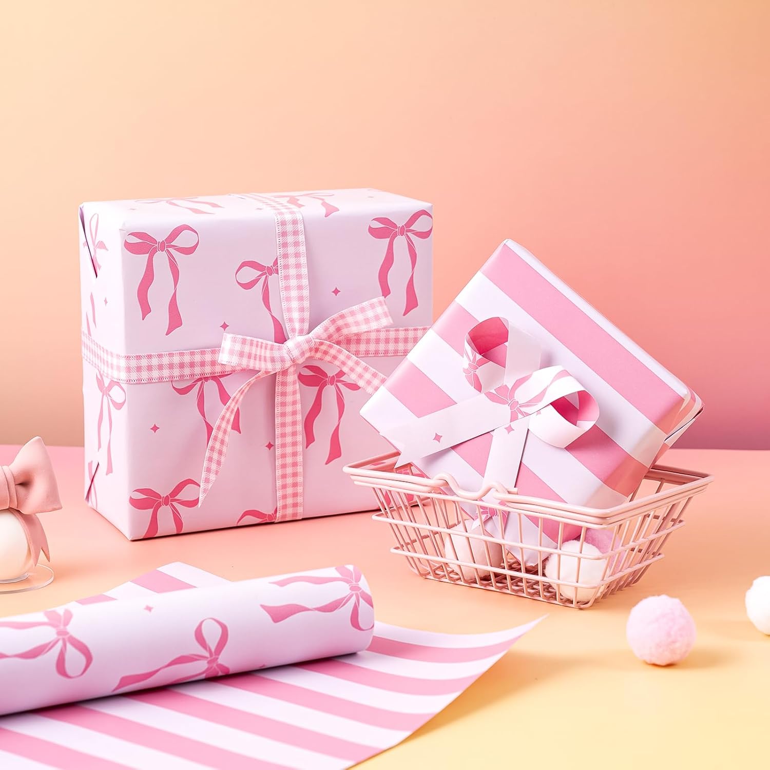 WRAPAHOLIC 30 Inch Reversible Pink Bow Wrapping Paper Roll - 30 Inch x 33 Feet - Pink Ribbon Bow and Stripes Design Perfect for Girls Birthday, Baby Shower, Bachelorette Party
