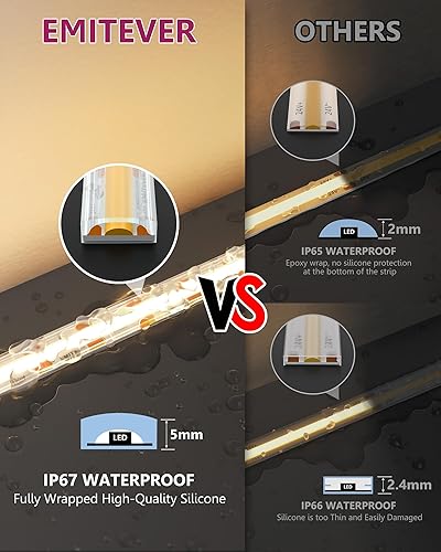 Miniatura 3 de EMITEVER COB - Tira de luces LED impermeable IP67, 3000K blanco cálido para exteriores, 24 V, cinta LED de silicona regulable de 16.4 pies de alta