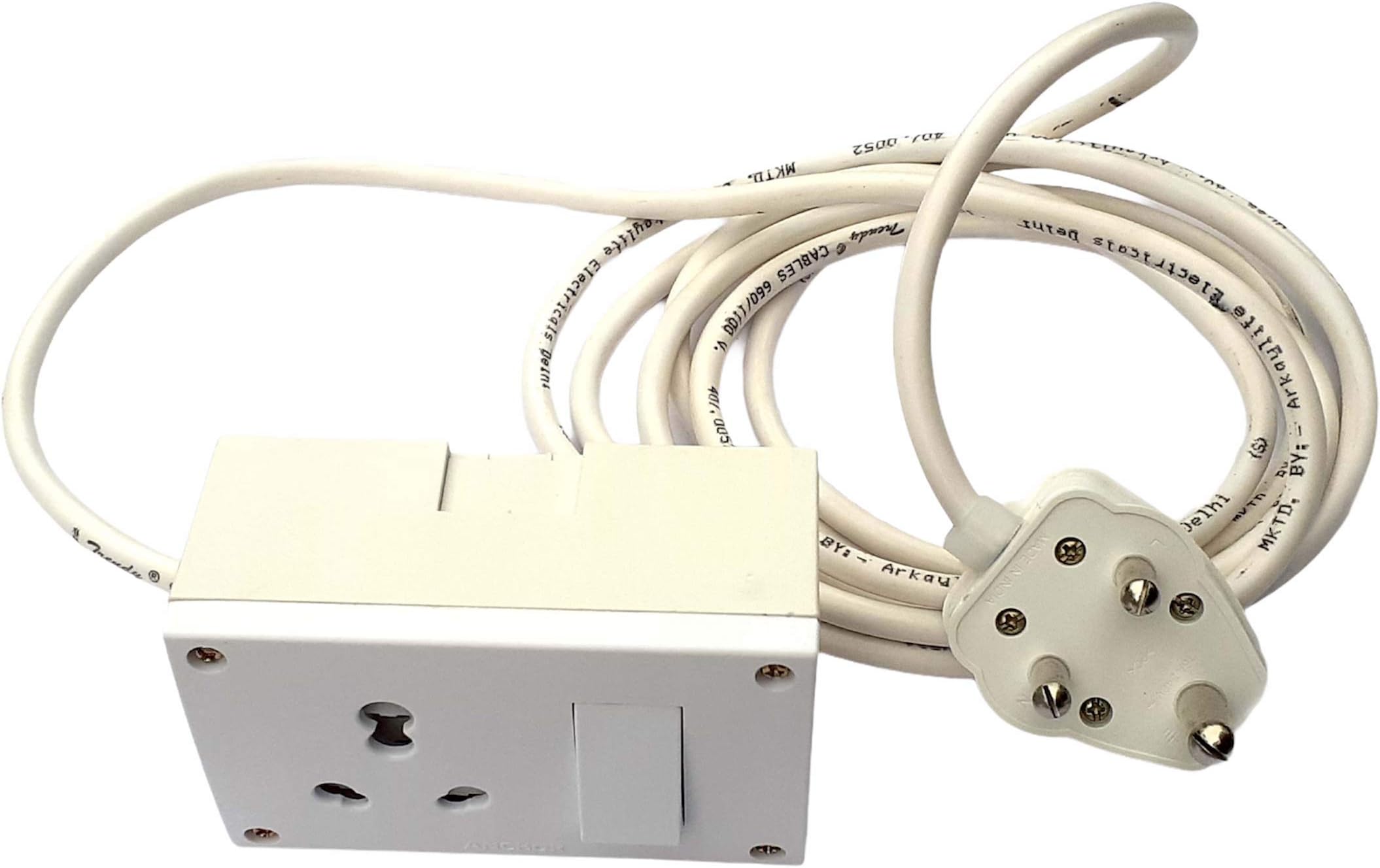 Anchor Customized Extension Polycarbonate Power Board with Long Wire 1.5 mm 3 Core Lead with Combine Box Socket 10/20 Amp & Switch 20 Amp with Junction Box White (8 Meter)