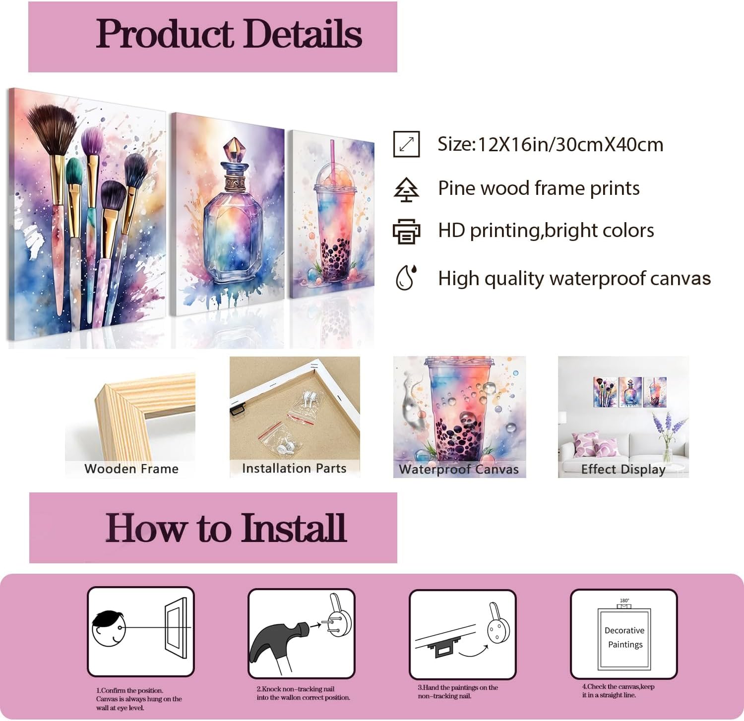 Framed Teen Girls Bedroom Wall Art Set of 3, Colorful Fashion Makeup Brush Perfume Pictures Wall Decor Paintings, Watercolor Drink Prints Aesthetic Home Decor for Living Room Bathroom Dorm 12x16 inch