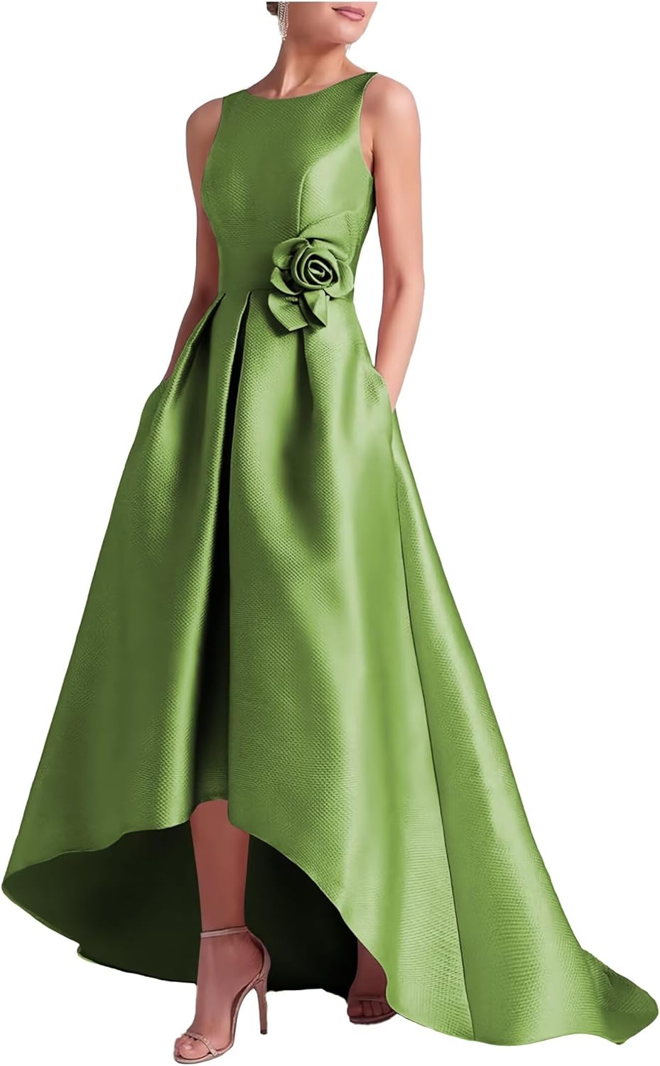 Satin Hi-Low Mother of The Bride Dresses Crew Neck Formal Dress A Line Elegance Wedding Guest Dress with Pockets