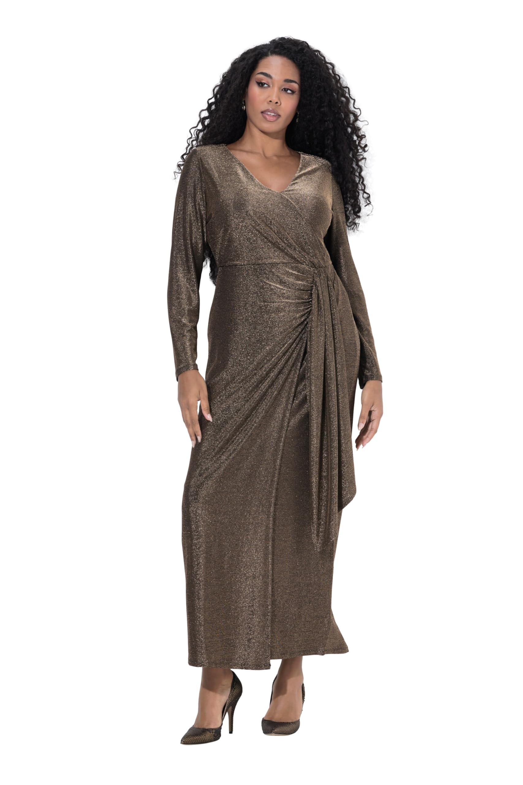 Ulla Popken Damen große Größen Übergrößen Plus Size Maxikleid, Glitter, Wickeleffekt, V-Ausschnitt, Langarm 842646