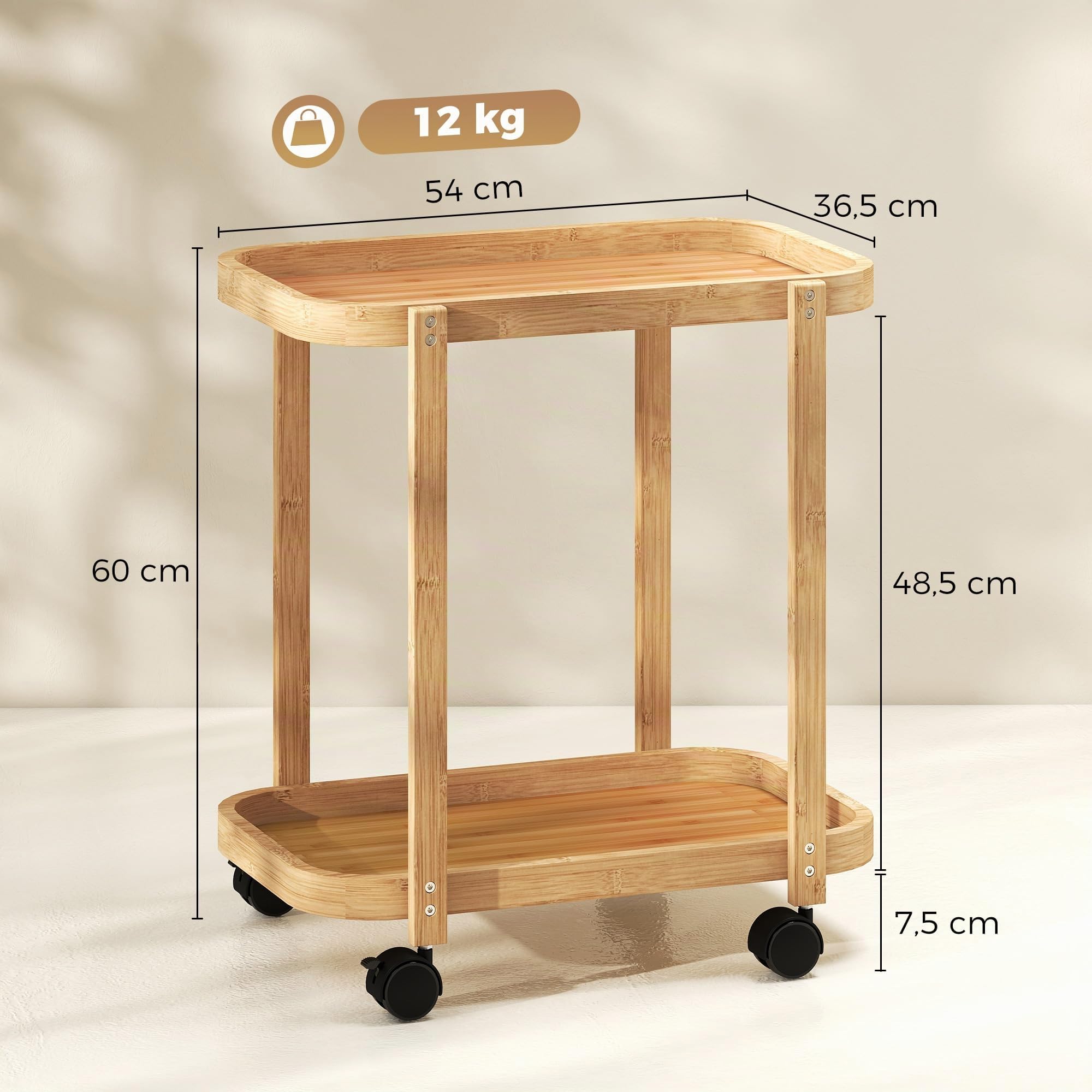 HOMCOM Carrito de Cocina de Bambú de 2 Niveles 54x36,5x60 cm Natural | Carrito Auxiliar de Cocina con Ruedas, 2 Estantes Abiertos, Diseño Curvo, para Comedor