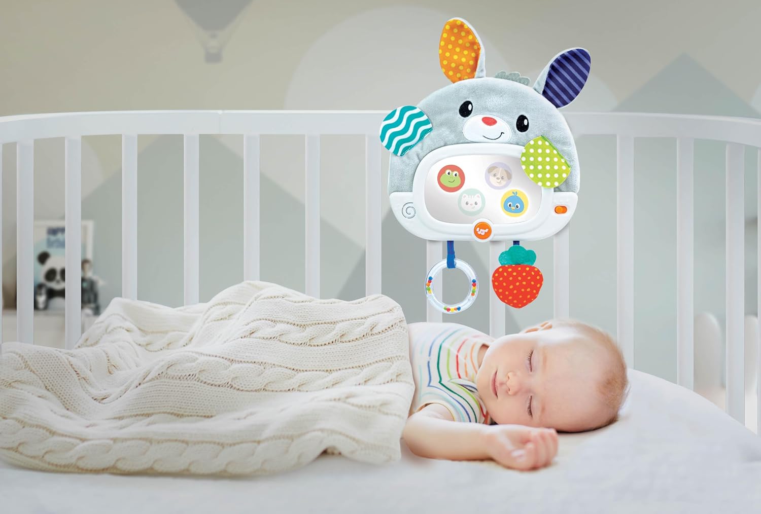 winfun Day 'N Night Bunny Baby Mirror with Light-Up Effects 2 Play Modes, Interactive Pull-Down Rattle Ring, and Tummy Time Stand Baby Sensory Toy for Crib or Stroller, Unisex