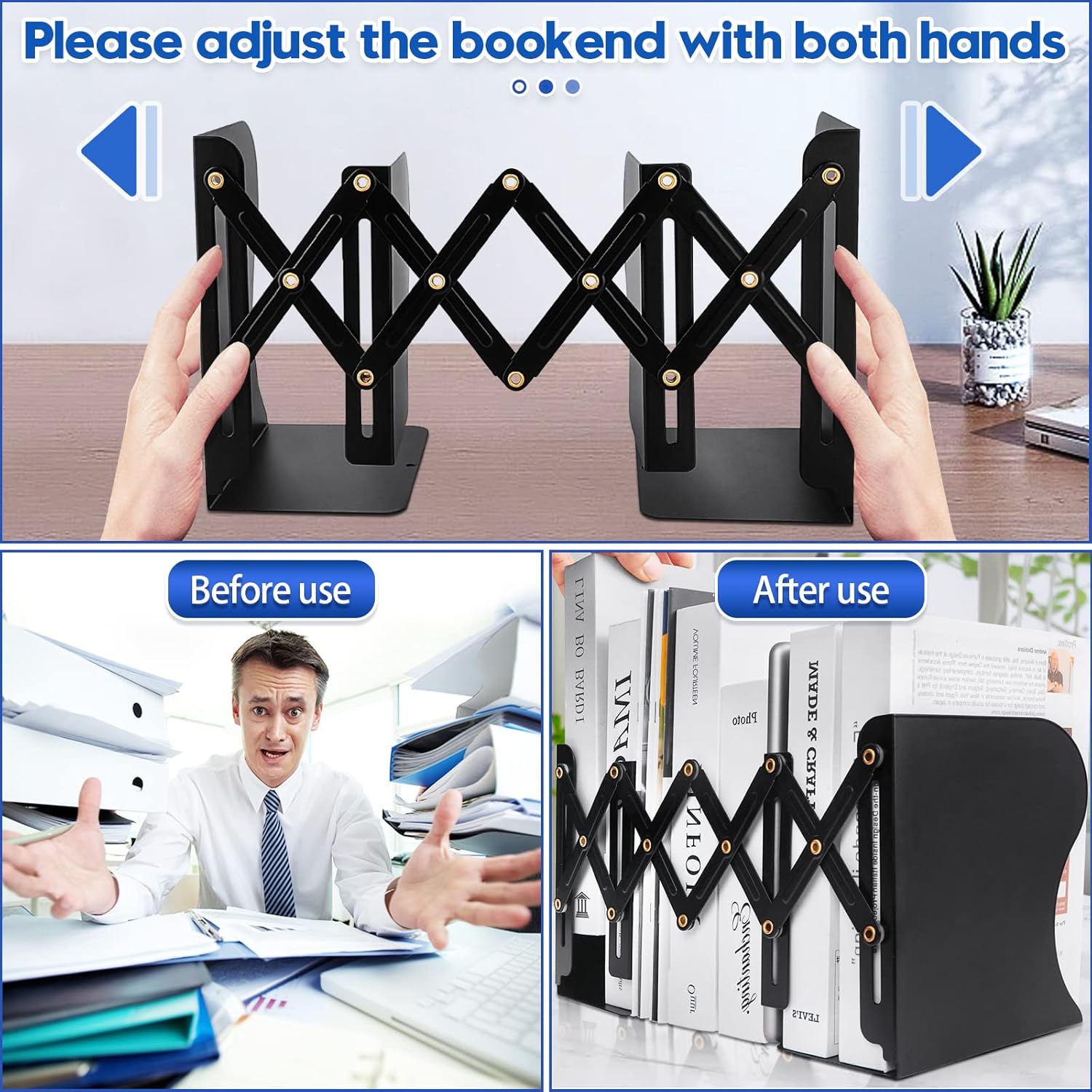 2PCS Heavy Duty Book End to Hold Books, Adjustable Bookends Book Holder for Shelves, Decorative Book Organizer for Desk, Sturdy & Flexible - Metal Book Ends Binder Holder for Tabletop