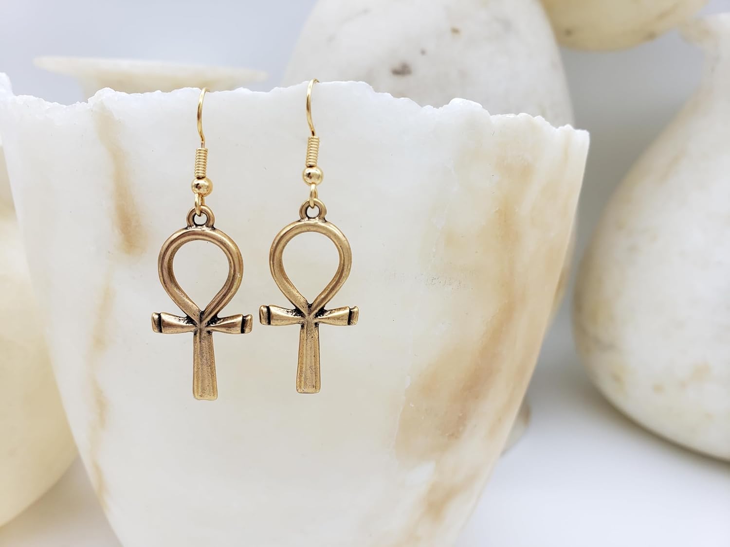Egyptian Ankh Earrings - Antique Gold-Plated Finish - Made in the USA