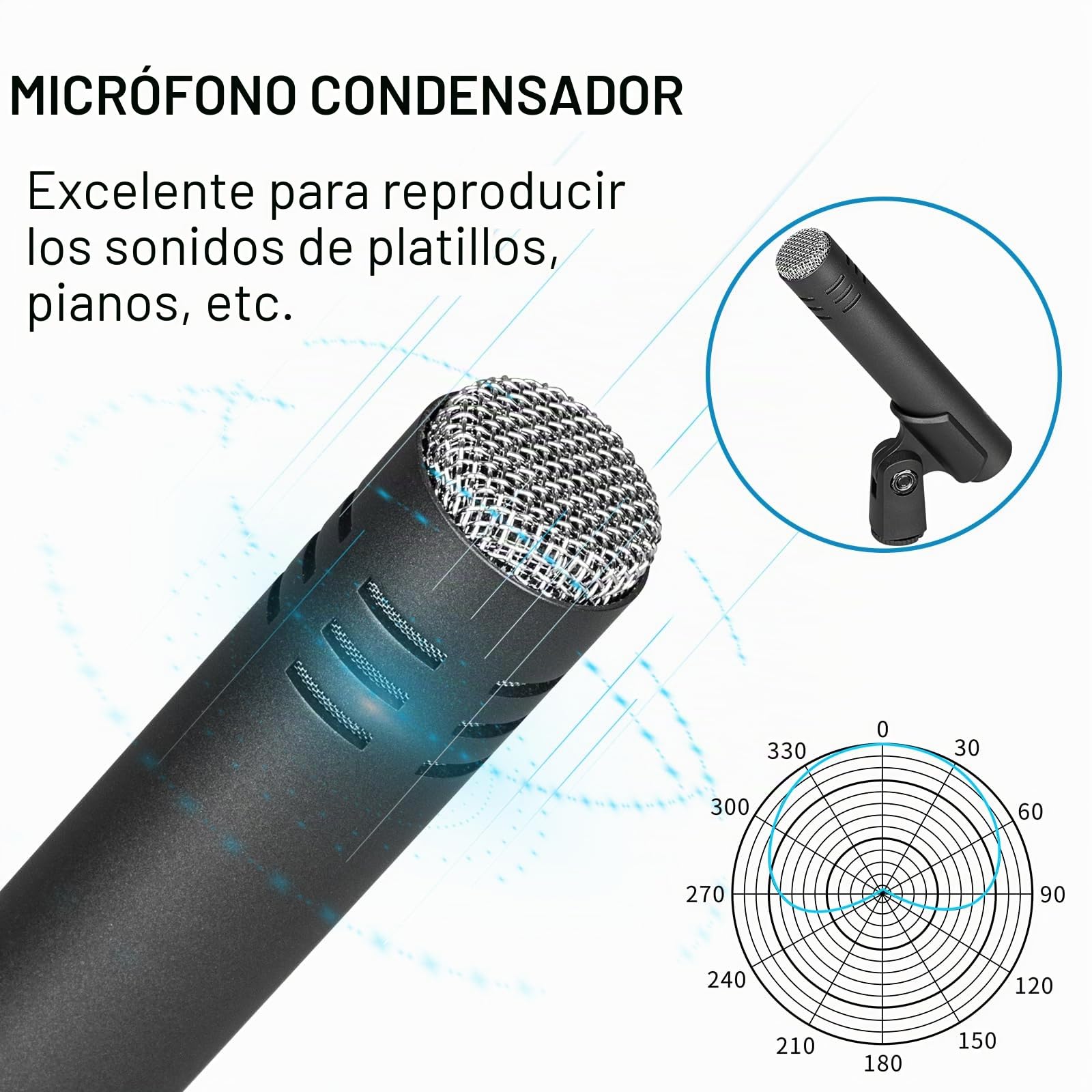 Depusheng Set de micrófono para batería de 5 piezas Con 3 micrófonos dinámicos de percusión y 2 micrófonos de condensador de percusión, Ideal para la grabación de instrumentos y la producción musical
