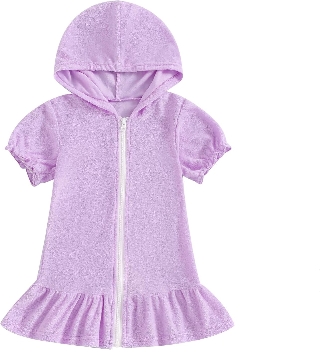 Girls Hooded Terry Cover Up Swimsuit Zipper Swim Dress Short Sleeve Ruffle Coverups Bathing Suit Swimwear