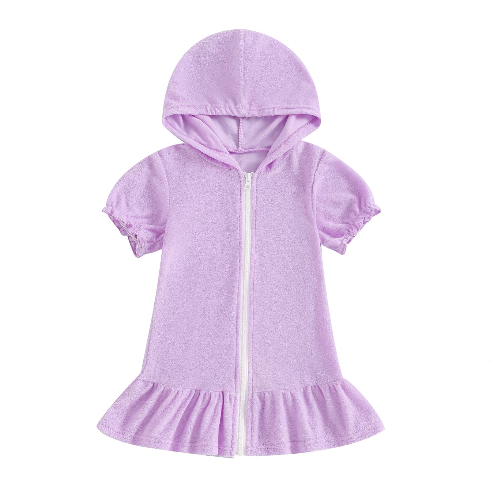 Geagodelia Girls Beach Cover Up Dress Zip Up Hooded Swimming Towels for Kids Toddler Short Puff Sleeve Terry Towelling Soft Changing Robe Towel (Solid Purple, 2-3 Years)