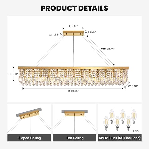 Miniatura 127 de 7PM Candelabro rectangular de cristal K9 moderno colgante rectangular para comedor, cocina, isla dormitorio, color negro, 47 pulgadas de largo x 10