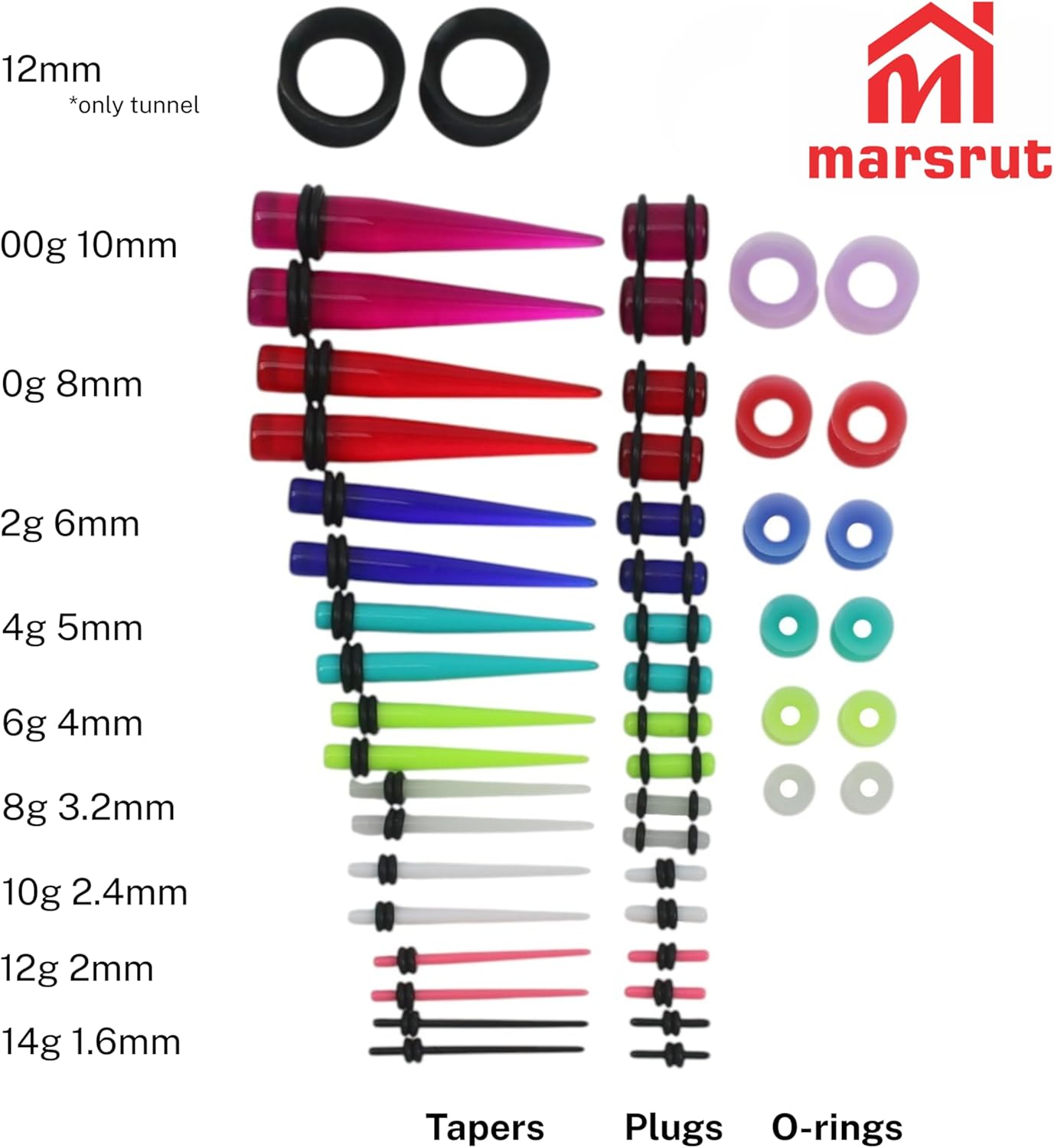 50pcs Ear Stretching Kit, Ear Gauges, Acrylic Plugs, Tapers, Round Silicone Tunnels for Women Men, 14G-00G Earring Expander, Starter Lightweight Body Piercing Jewelry Gauging Set (Random Size & Color) - Image 3