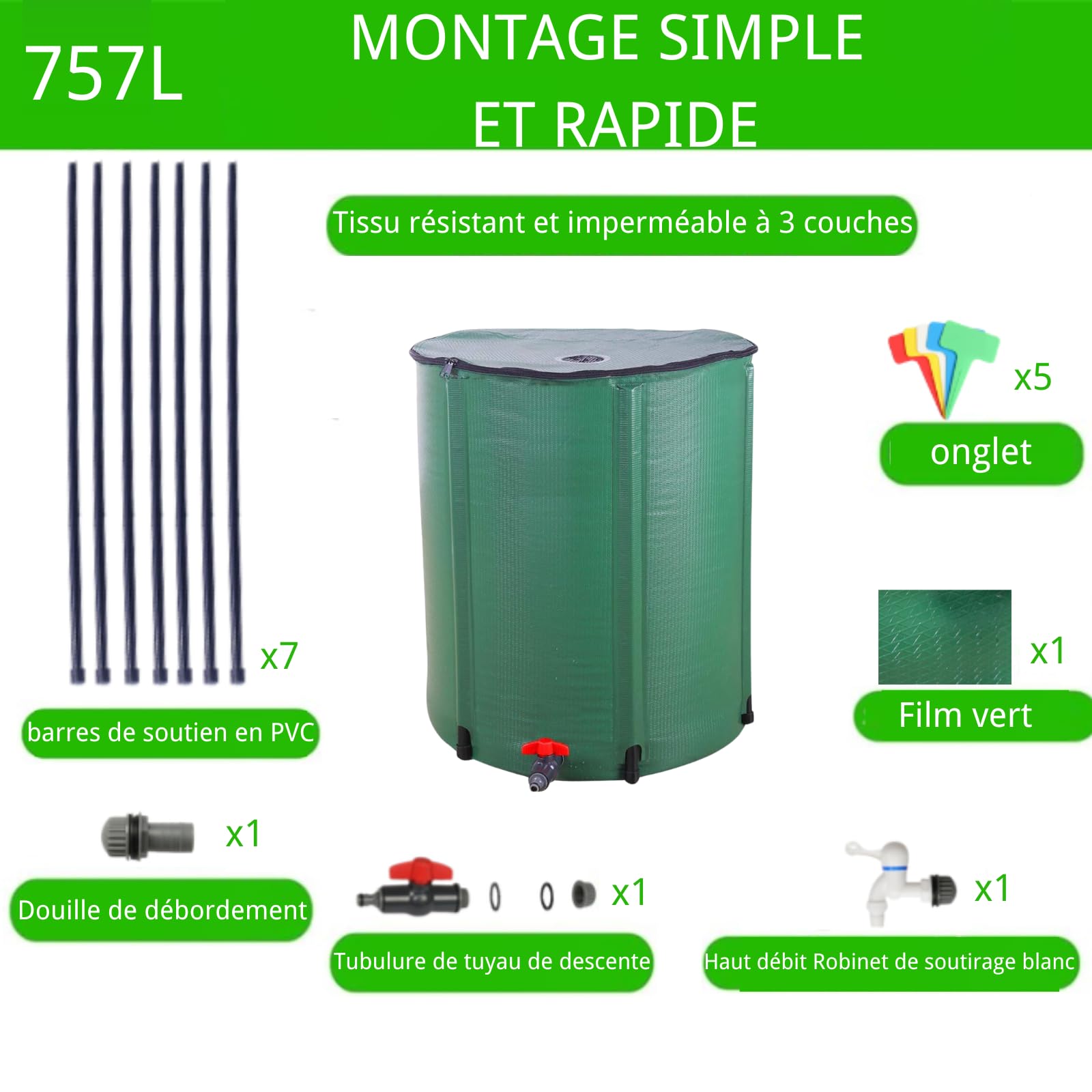 LEADZM Récupérateur d'eau de Pluie Pliable - Réservoir d'eau Écologique avec Filtre Inoxydable pour Jardin, Potager et Arrosage - Facile à Installer et à Ranger (760L)
