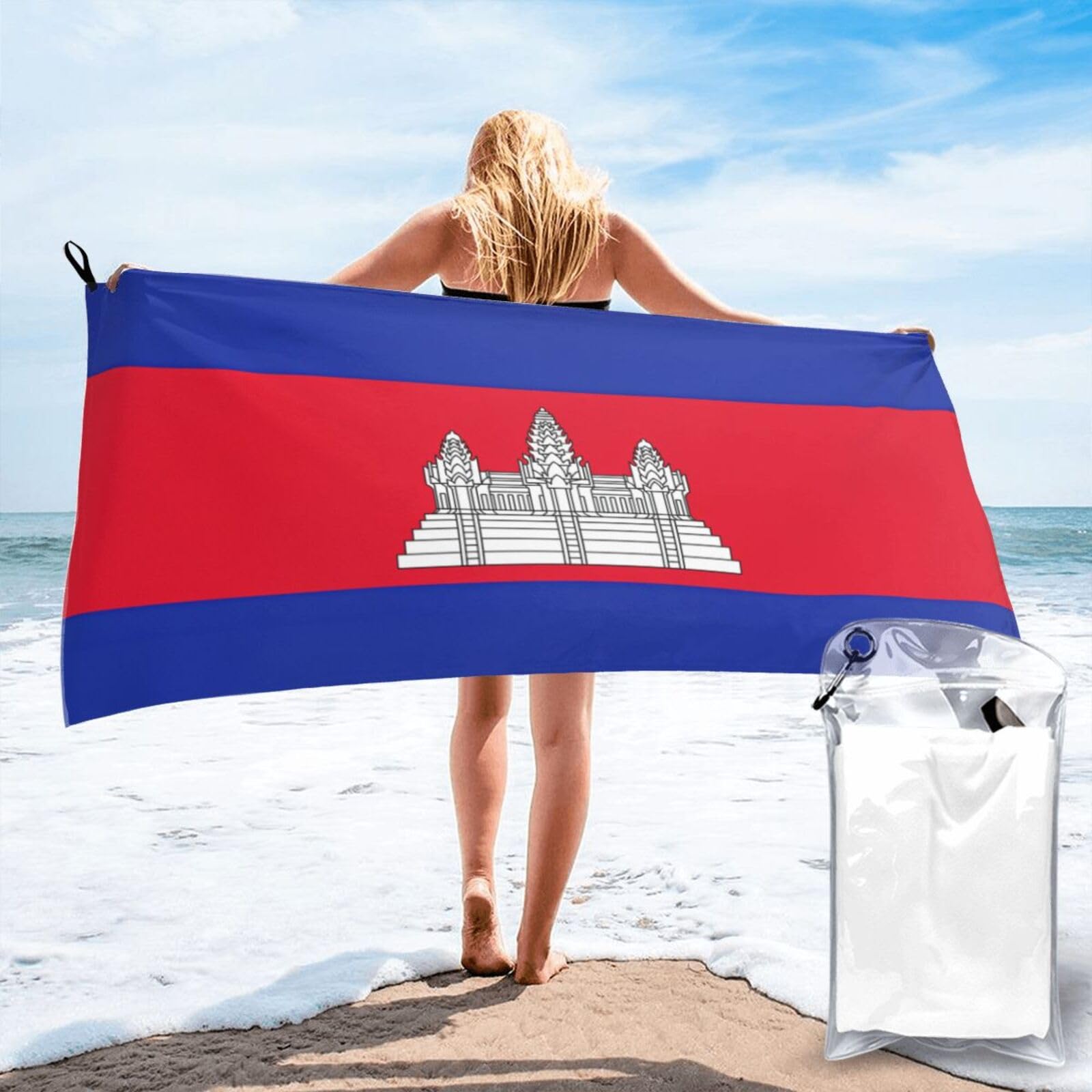 DIEzig Cambodia Flag Print Beach Towel Fast Dry Thin For Holiday Vacation Cruise Gym Swimmers