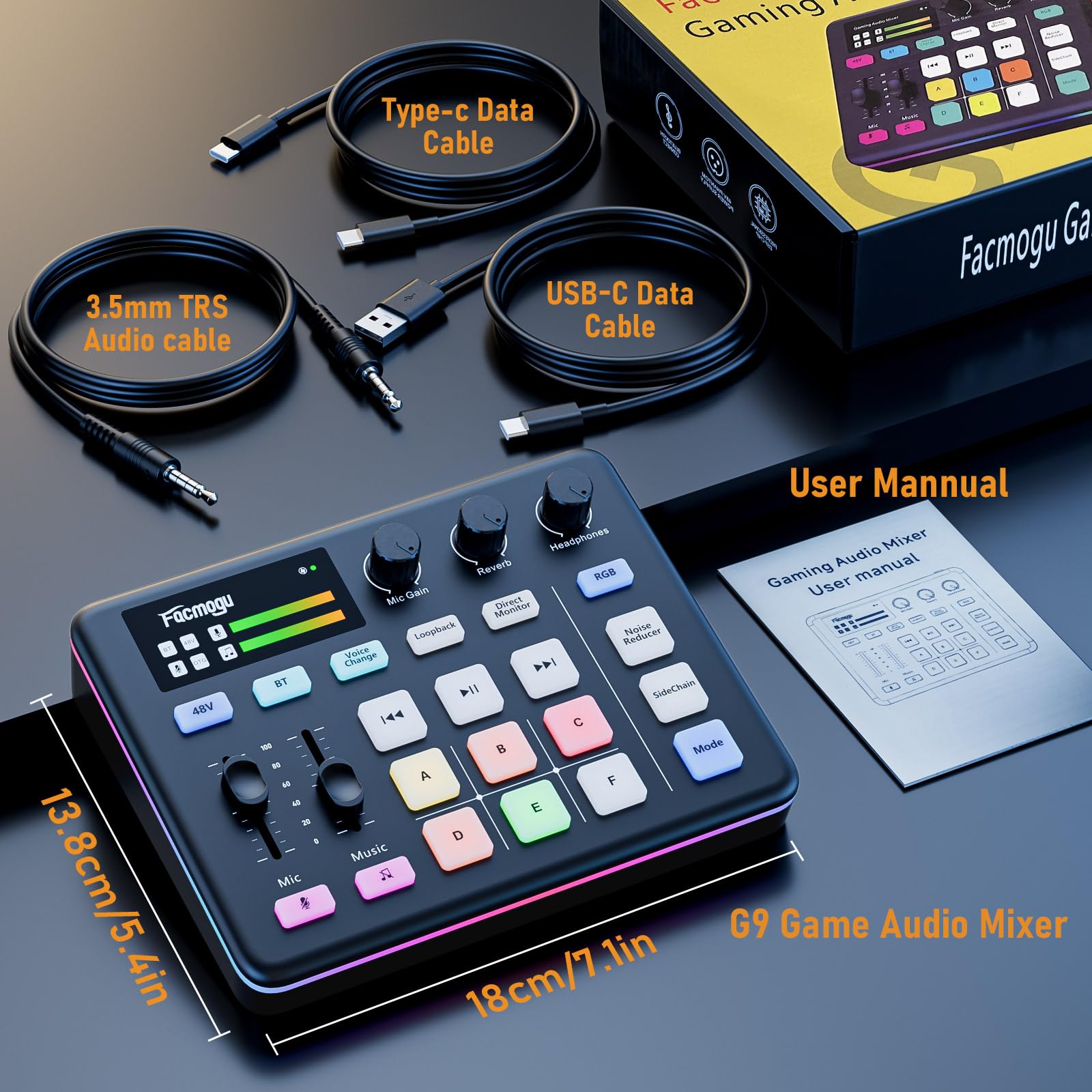 Facmogu G9 Gaming Audio Mixer, Audio Interface mit 3.5mm/XLR Mic In, RGB, Bluetooth, 48V Phantom Power, Voice Changer, Live Sound Card Board für Live Streaming, Podcast, Gaming - nicht für USB Mic