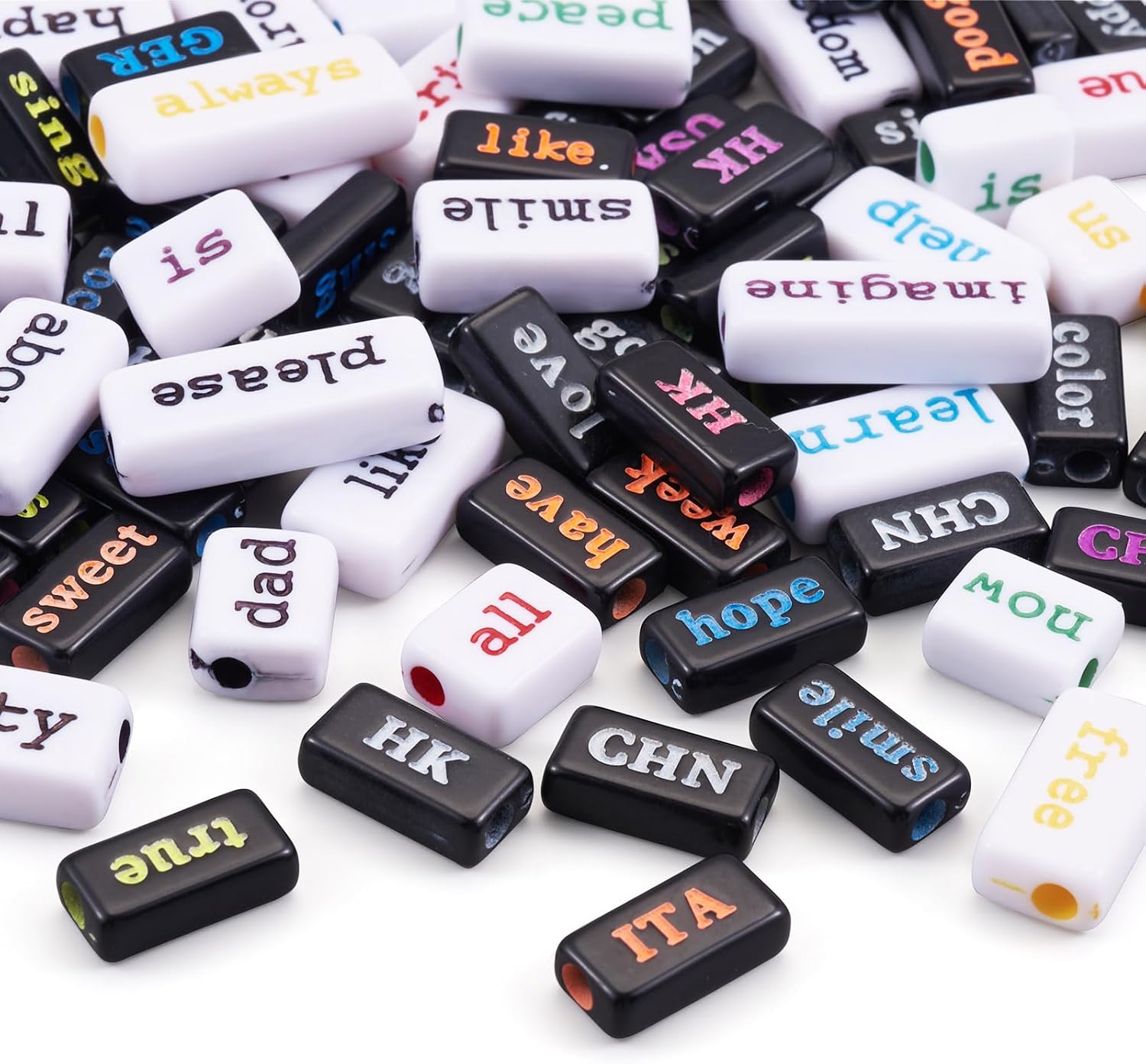 Crafans 200Pcs Rectangle Acrylic Beads with Inspiration Word 2 Sizes 4 Styles Letters Phrase Alphabet Beads with Word for Fathers Day Craft Gift DIY Jewelry Making Supplies
