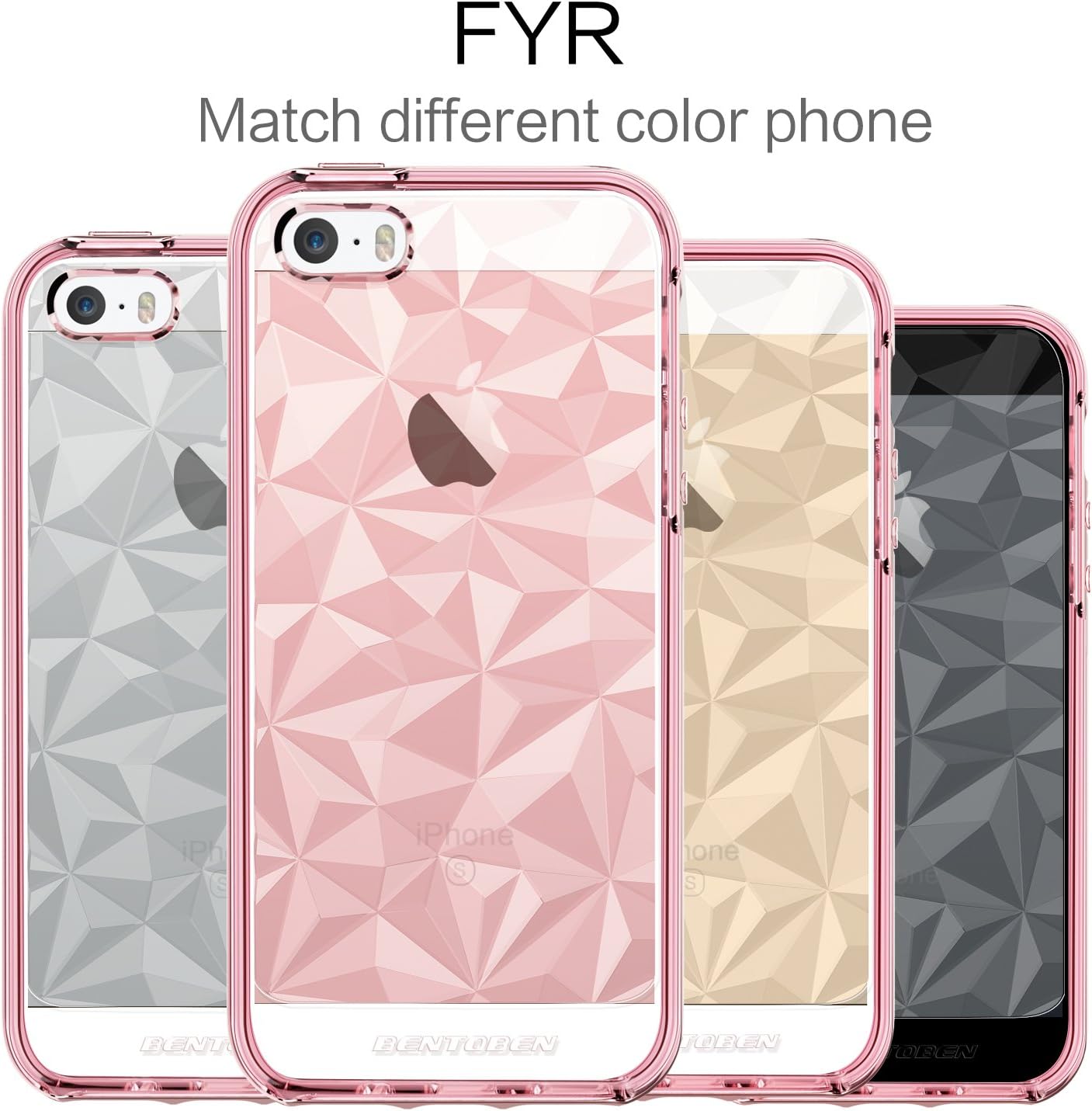 BENTOBEN iPhone SE Case, iPhone 5 5S Case, Crystal Clear Scratch Resistance Shockproof Slim 2 in 1 Hybrid TPU PC Bumper 3D Diamond Visual Protective Phone Case for iPhone SE 5S 5, Rose Gold