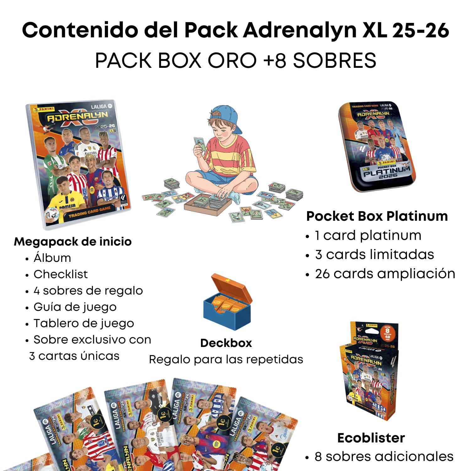Panini Adrenalyn XL LaLiga 2025-26, Pack Coleccionista con Pocket Box Platinum, Megapack Inicio, 8 Sobres Adicionales y Deck Box, Cartas Coleccionables Fútbol