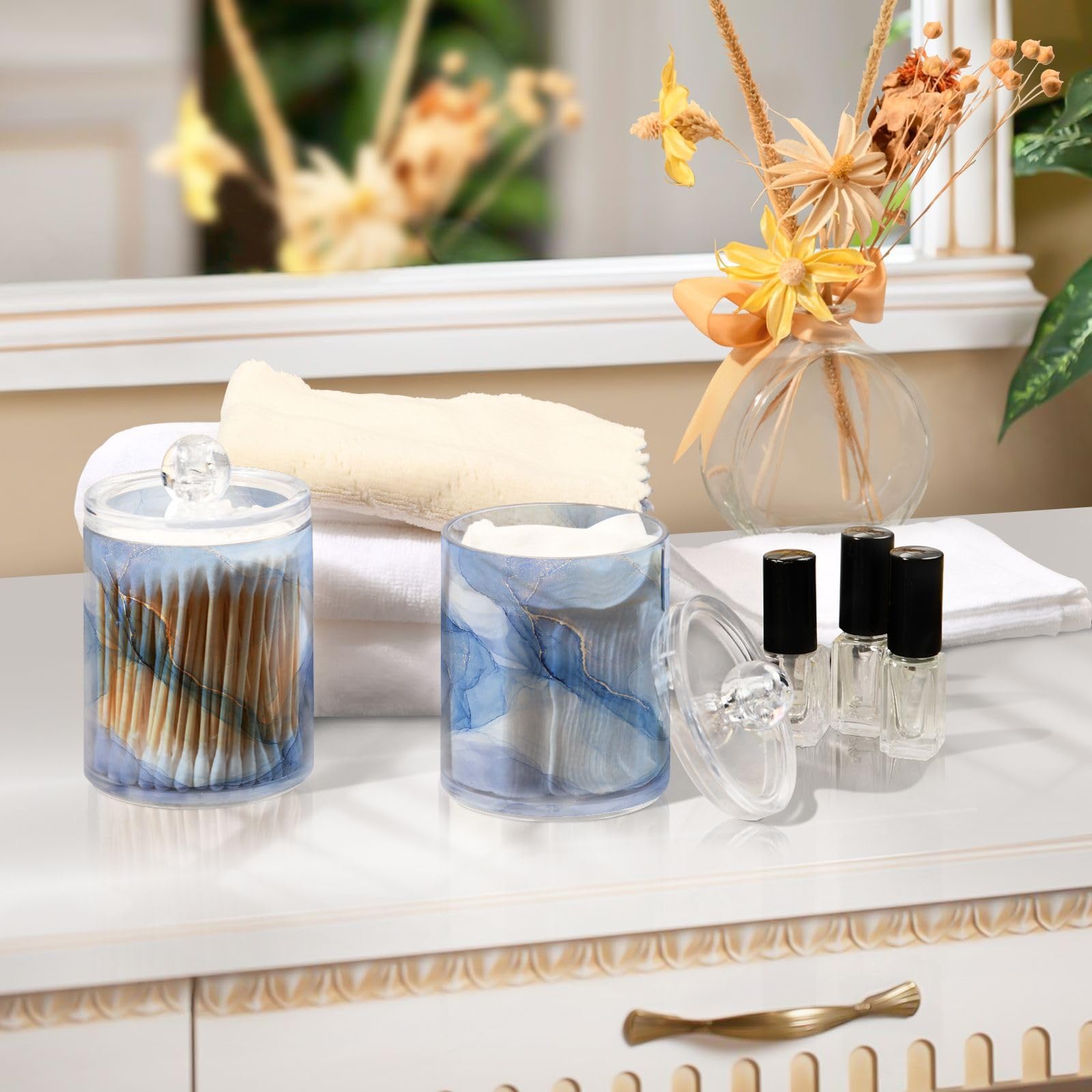 Qtip Halter Spender Blau Marmor Badezimmer Aufbewahrungsbehälter Deckel Acryl Kunststoff Apotheker Glas Set Schminktisch Make-up Organizer für Wattestäbchen/Pads/Zahnseide
