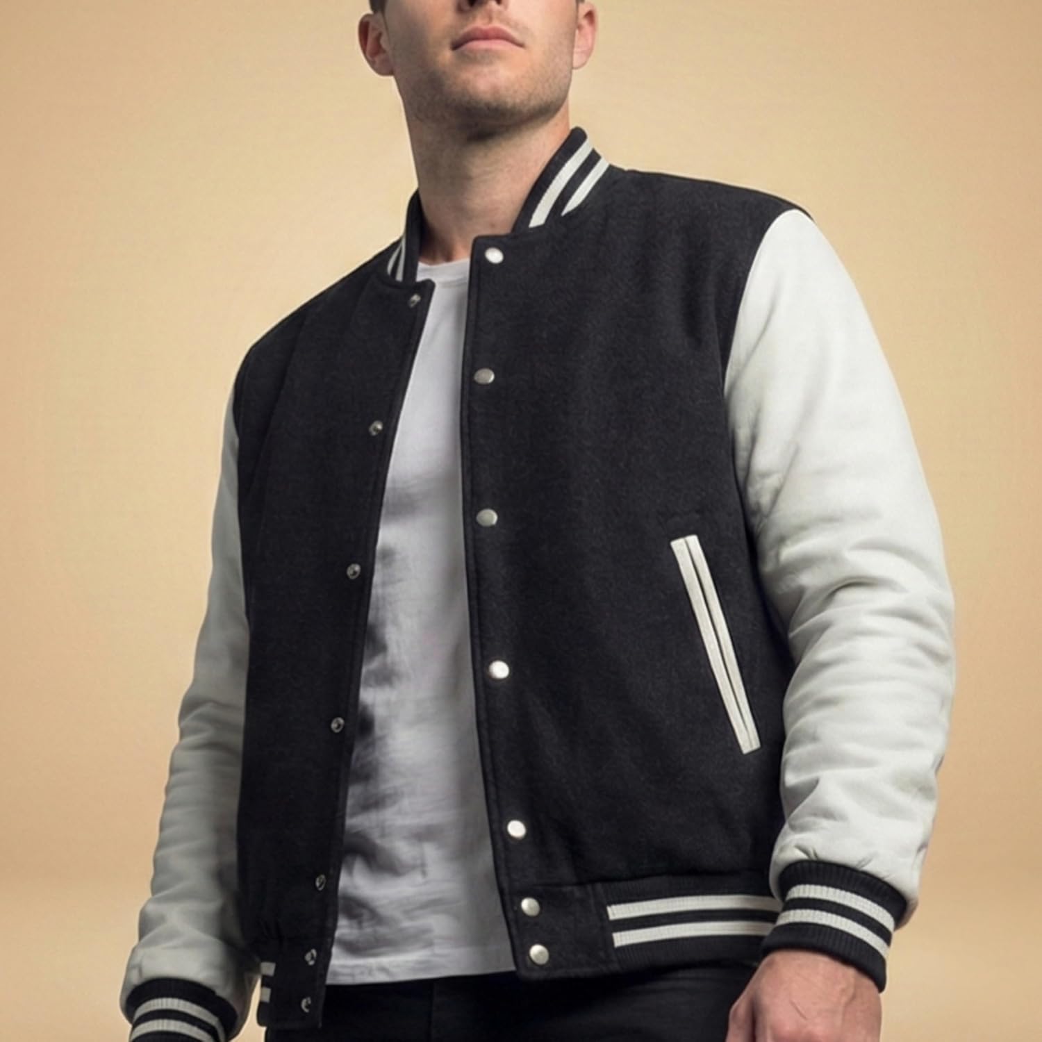 Men's Black Varsity Jacket Genuine White Leather Sleeves Wool Blend Letterman College Bomber Coat XS-3XL