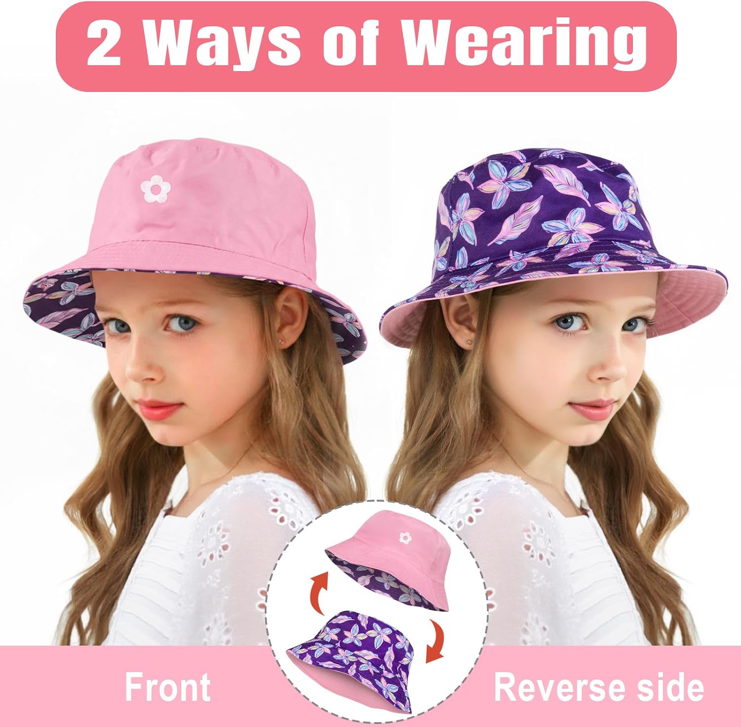 HONGTEYA Kids Sun Hat Double Side Bucket Hats for Boys Girls Summer Sun Protection Wide Brim Unisex Beach Outdoor
