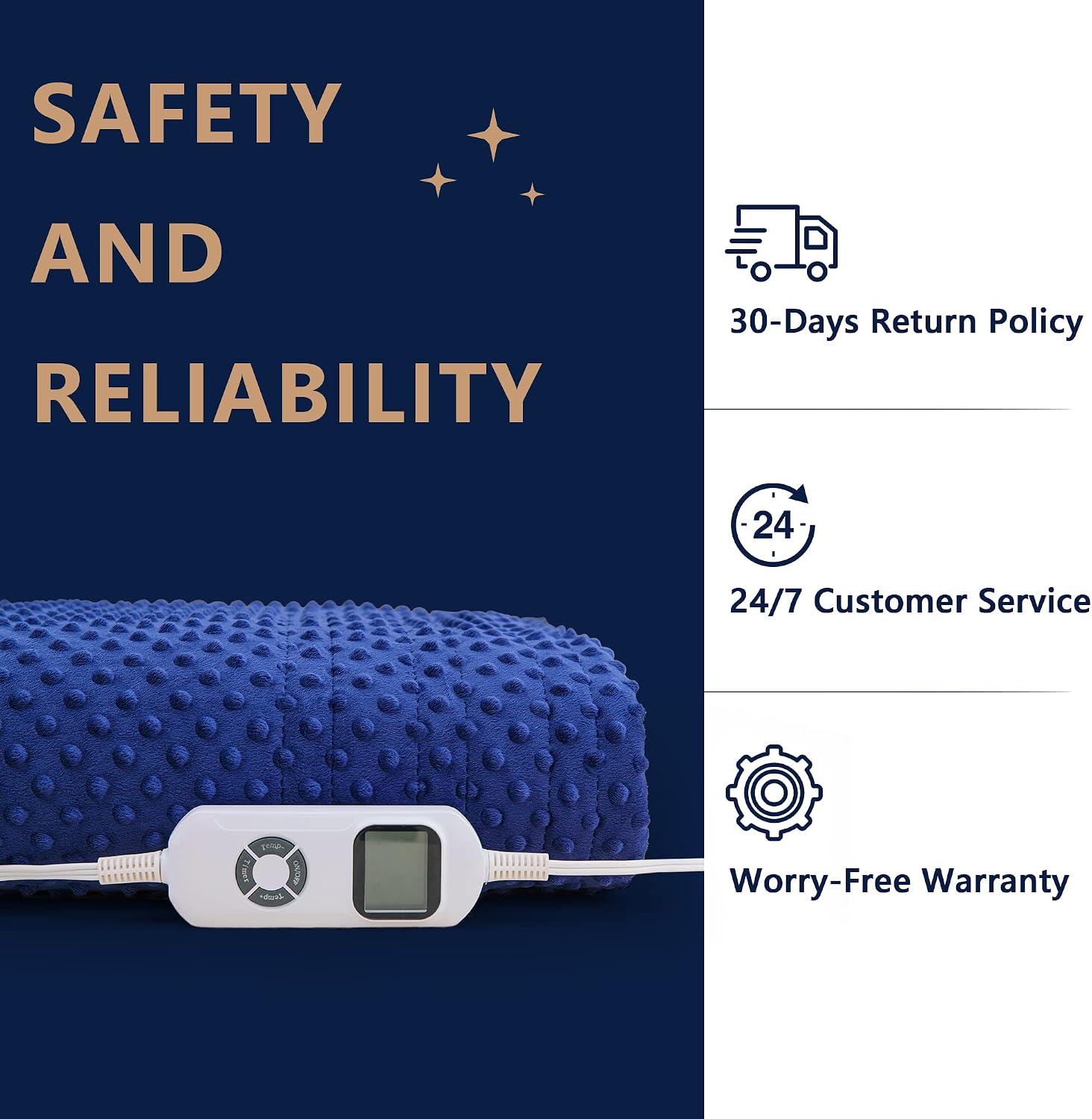 Mr. Sandman Heated Blanket Throw, Fast Heating Blanket Electric Throw with Minky and Sherpa, 10 Heating Levels & 3 Hours Auto-Off, ETL Certificated, Machine Washable (50" x 60", Navy Blue)