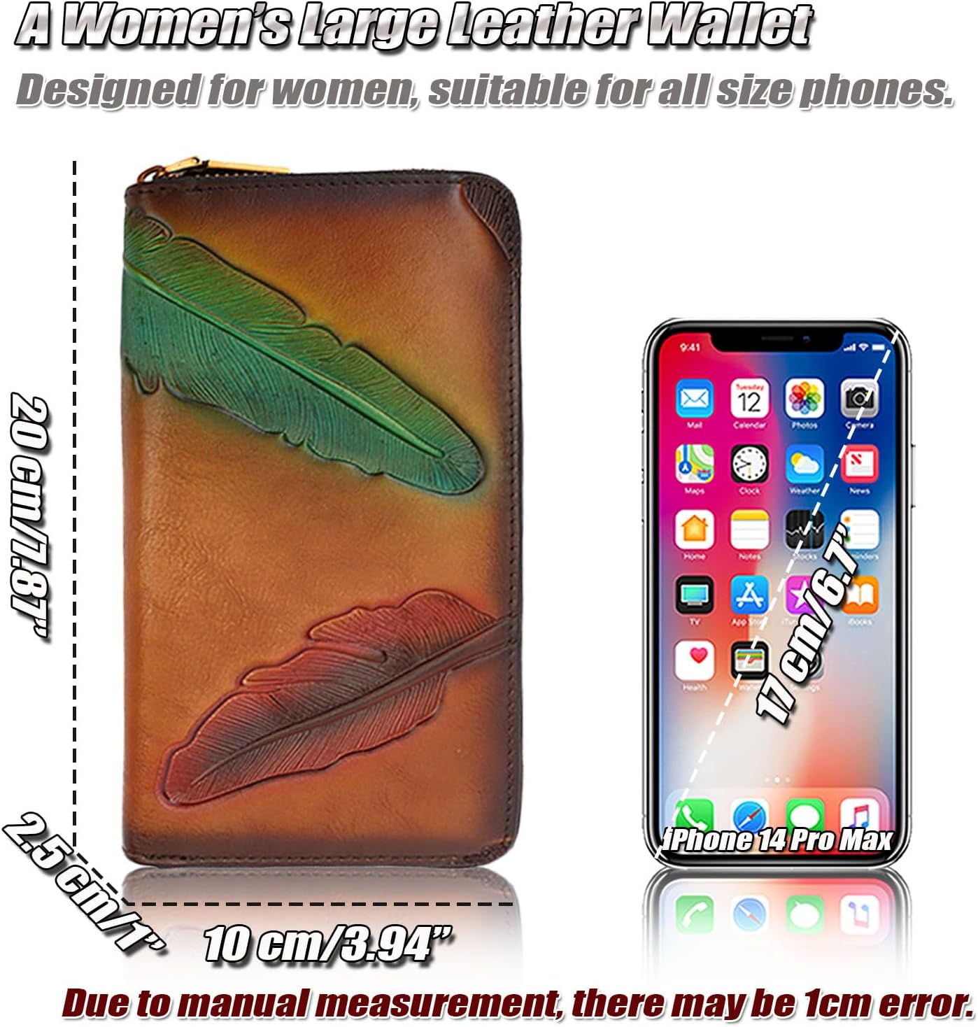 Ladies Genuine Leather Wallet with Embossed Feather Design | RFID-Blocking Credit Card Holder | Large Purse for Women(Brown)