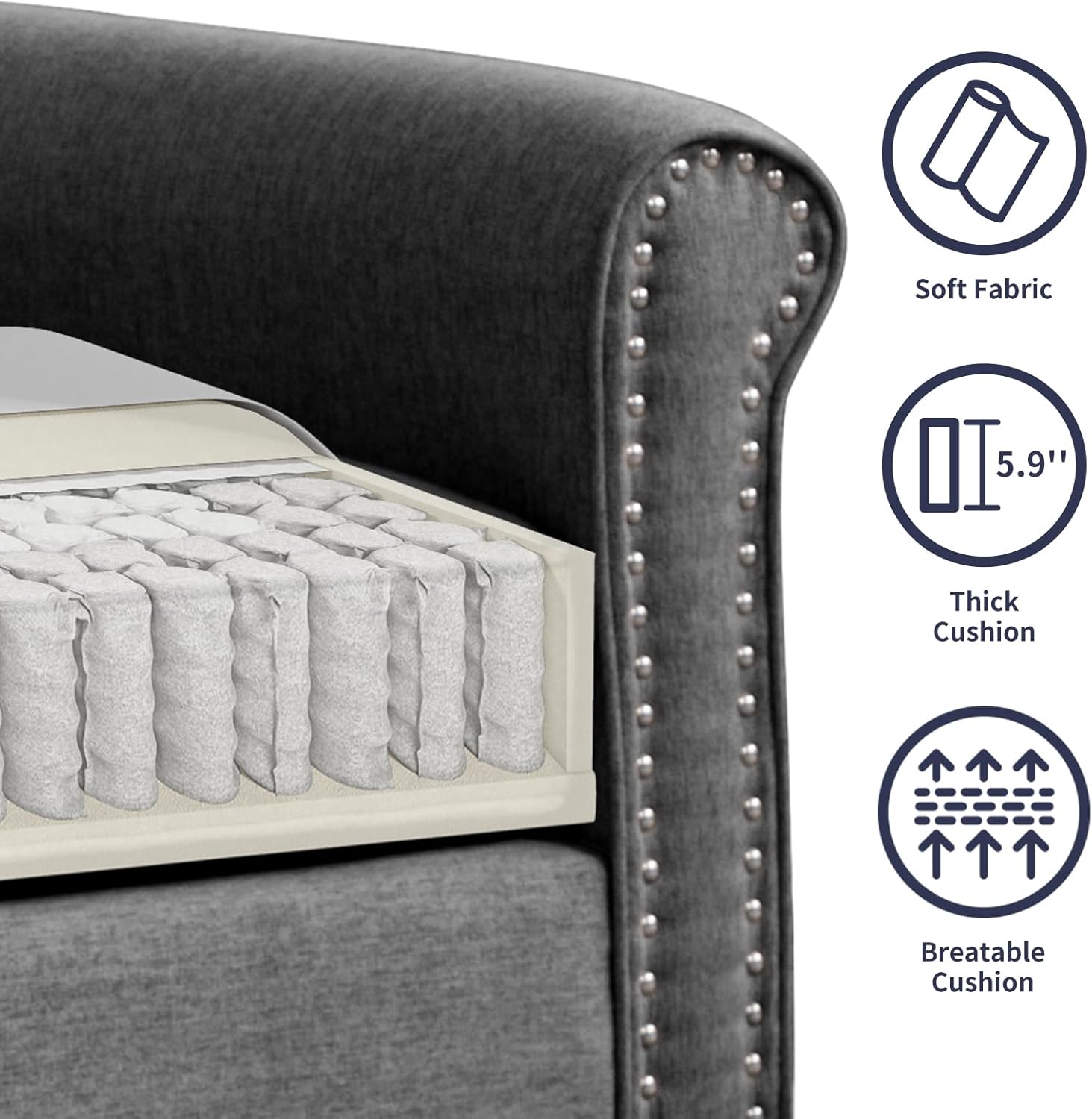 2 Pieces Living Room Sets, Linen Fabric Sofa and Loveseat Set, Modern Upholstered Furniture with Solid Wood Legs & Rivet Accents, Couch Loveseat Set for Apartment Office - Dark Grey