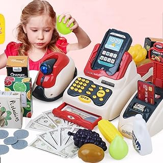 Smart Cash Register Toy Pretend Play Cashier Toy with Payment Scanner Fruit Card Reader Credit Card Machine Educational Toys Gifts for Boys Girls
