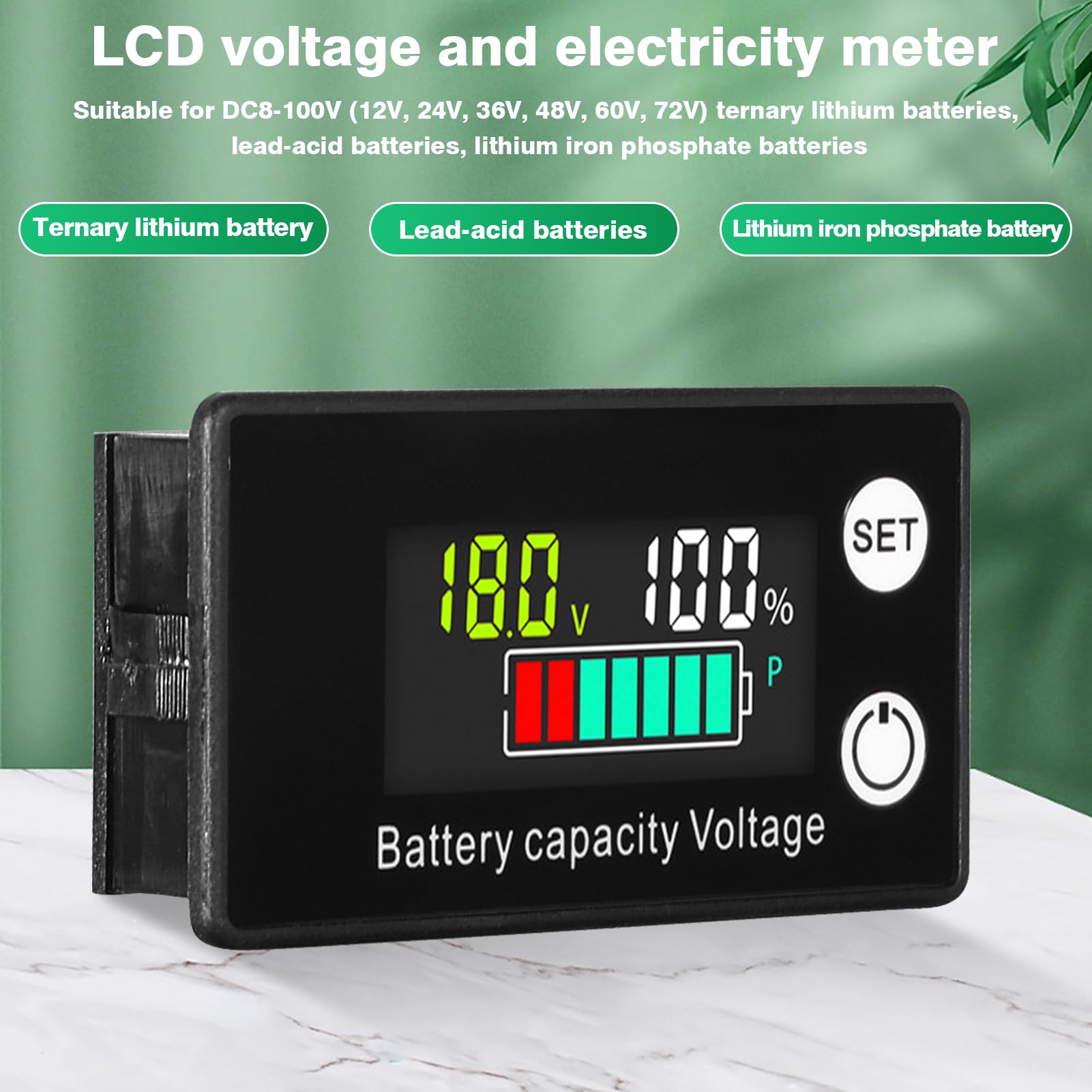 DEWIN Voltímetro Digital, Monitor de Capacidad de Batería LCD Medidor de Voltaje de Nivel de Batería con Alarma para Automóviles y Barcos DC 8V-100V Probador para Li-ion Lifepo4, plomo y ácido