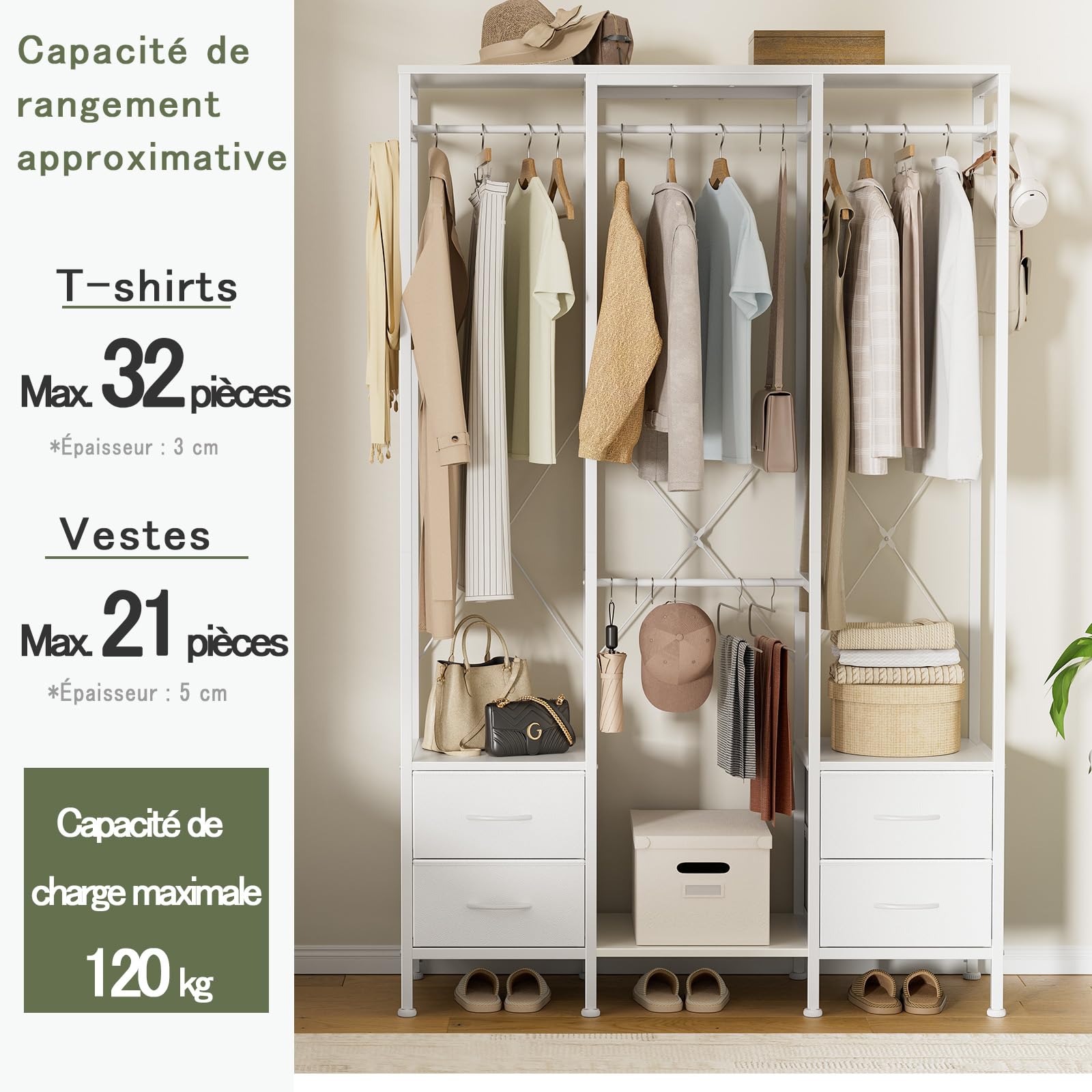 Stand Appendiabiti, Cabina Armadio con 3 Barre e 4 cassetti, Appendiabiti con 4 Ganci Rimovibili, Armadio Aperto Moderno, per Camera da Letto o Ingresso, Bianco
